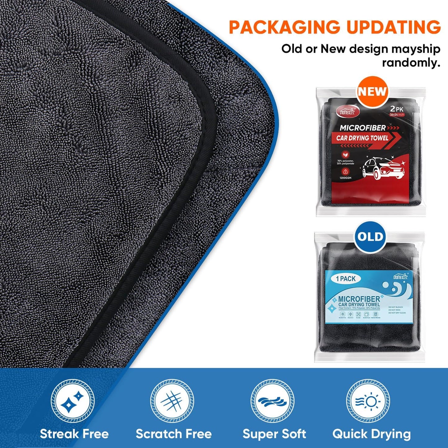 HOMEXCEL Car Drying Towel (36"x 24"), 1200GSM Ultra Absorbent Car Cleaning Cloth, Streak-Free Microfiber Drying Towel, Great for Cars, Trucks, SUVs, RVs, Motorcycles, 2 Packs