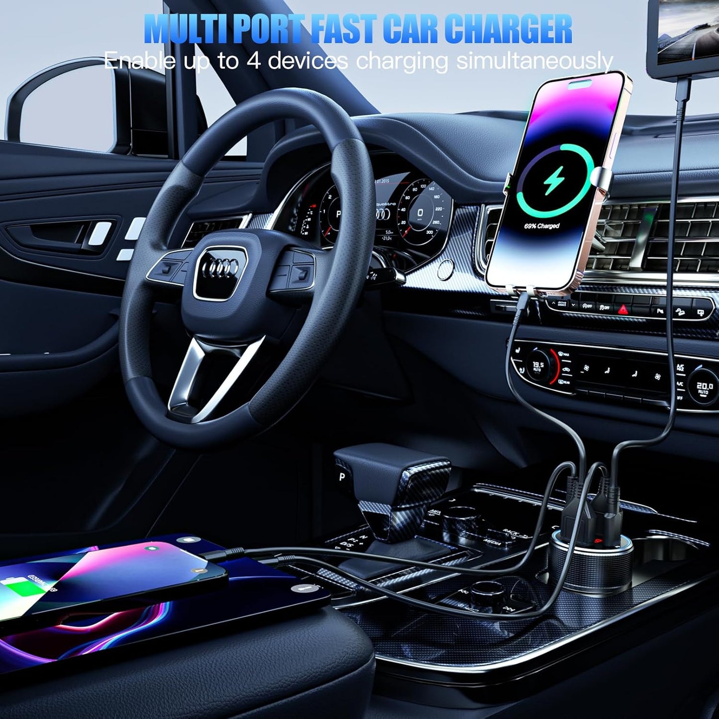 USB C Car Charger, 78W 4 Port Car Phone Charger Adapter Fast Charging, Dual USB C Car USB Adapter for iPhone 16 15 14 13 12, iPad, Samsung Glaxy, Android (Black 2Pcs)