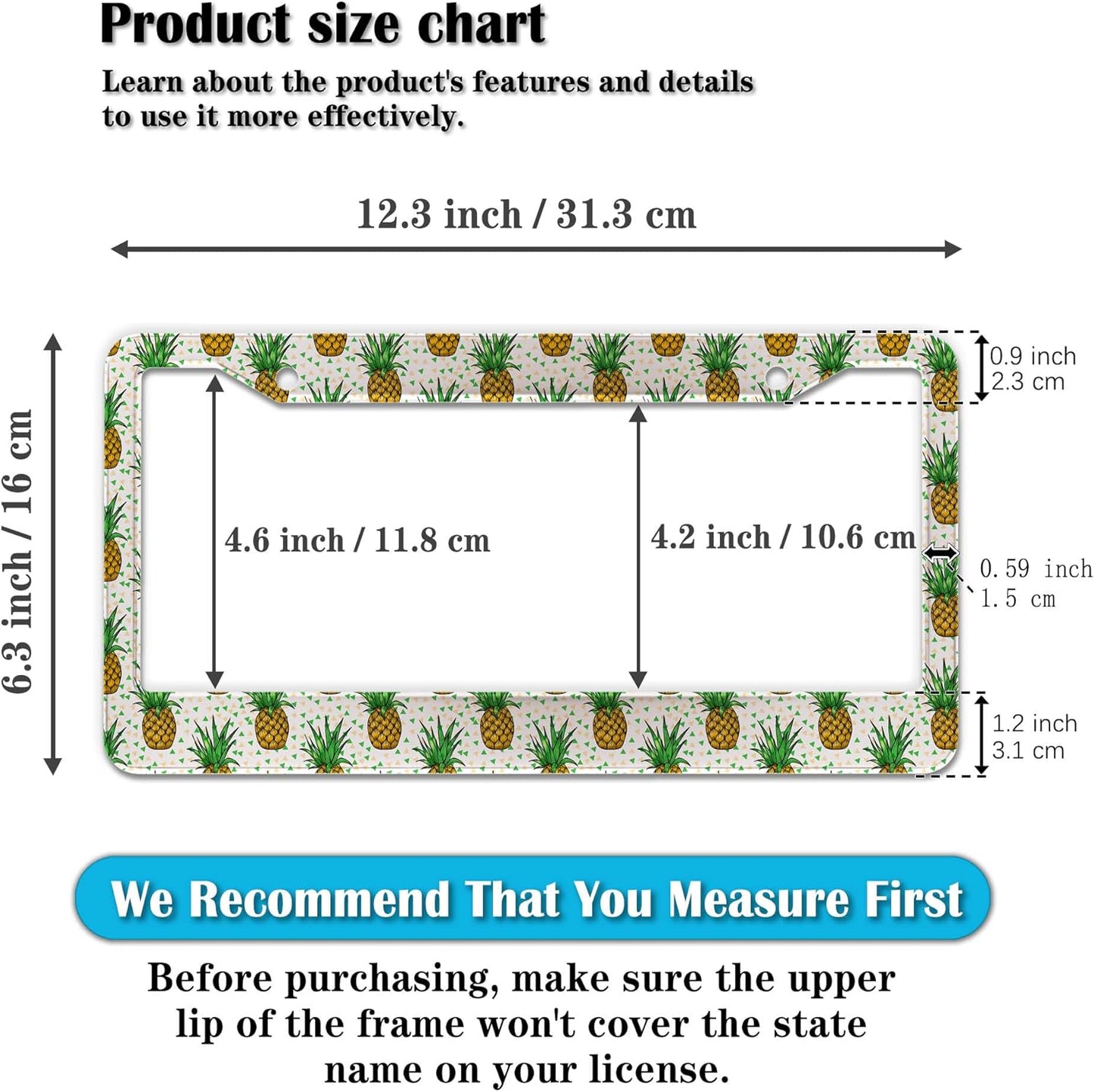 Car License Plate Frame Black Yellow License Plate Frames Yellow Pineapple Aluminum Metal Car Accessory 2 Pack with Screw Covers Set