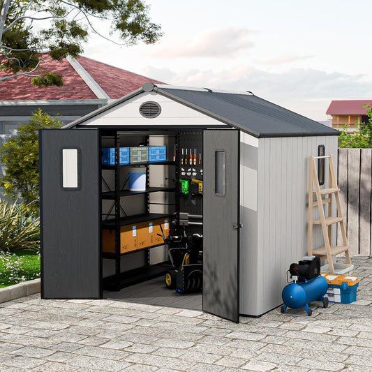 COOS BAY Resin Outdoor Storage Shed with Lockable Double Doors, Heavy-Duty Floor, All-Weather Garden Shed for Tools & Equipment, 8x8 ft, White/Gray