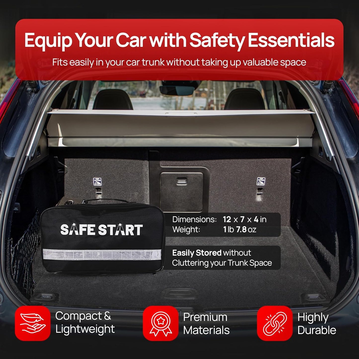 Car Emergency Kit - Car Safety Kit with First Aid, Safety Hammer, Reflectors, Gloves, Ice Shovel - Compact Roadside Tool Kit for Repairs, Snow, Accidents - Protect Your Family on The Road