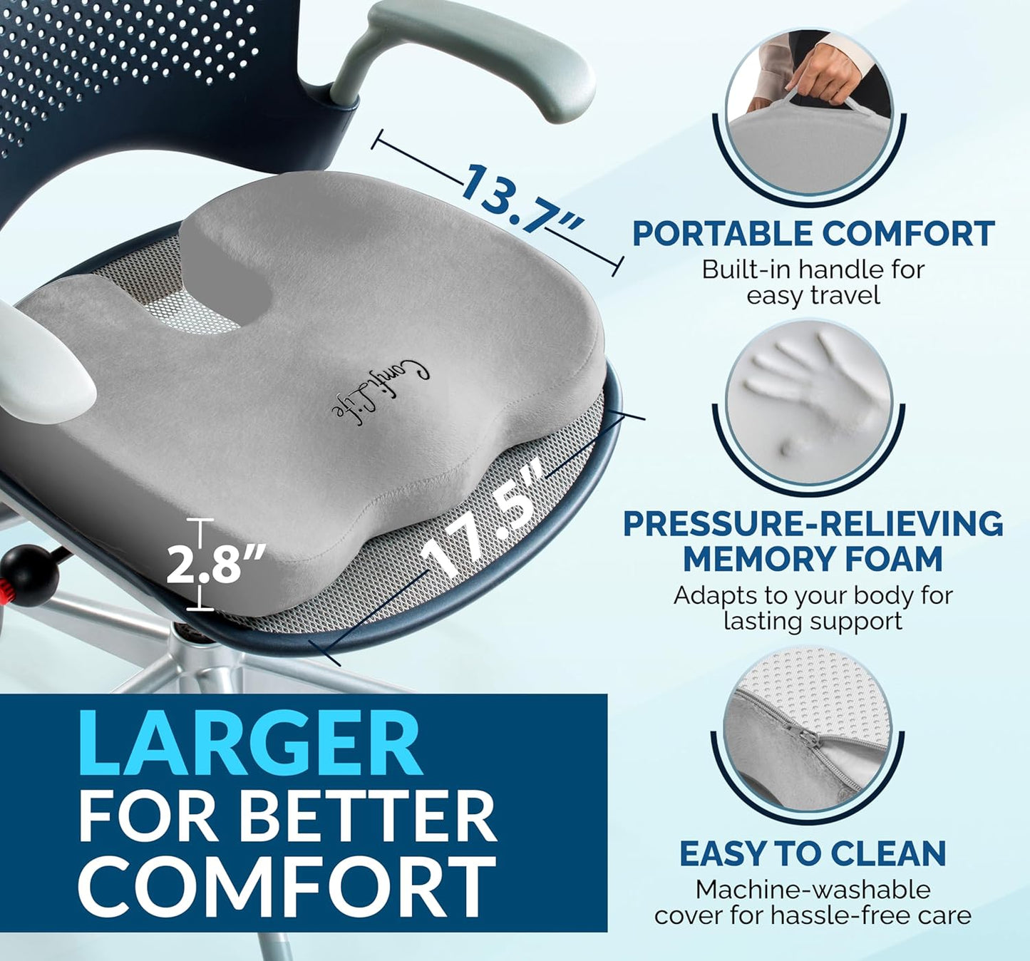 ComfiLife Gel Enhanced Seat Cushion – Office Chair Cushion – Non-Slip Gel & Memory Foam Coccyx Cushion for Tailbone Pain - Desk Chair Car Seat Cushions Driving - Sciatica & Back Pain Relief (Gray)