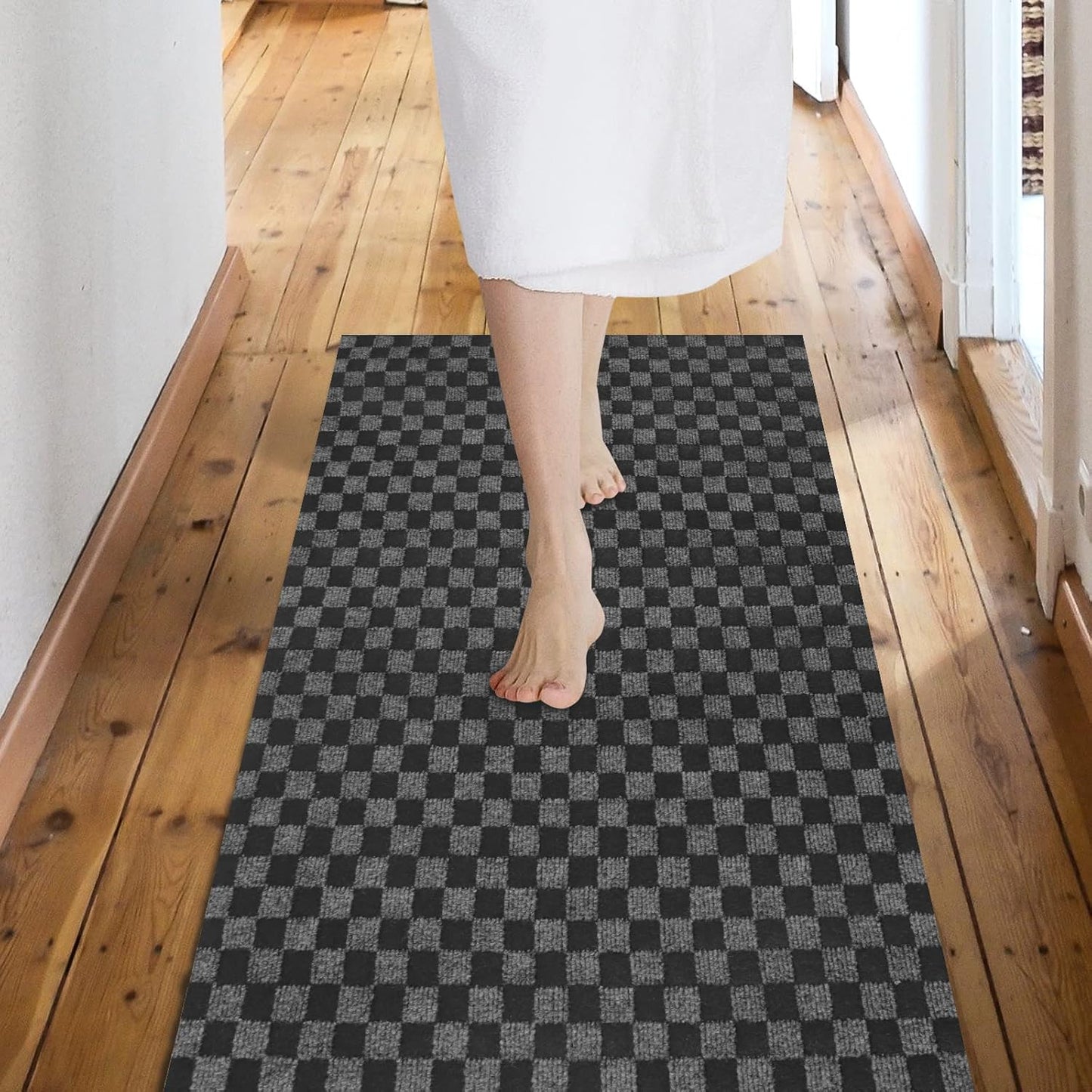 Custom Size Backed Non-Slip Area Rugs Runner, Easy Clean, Waterproof Runner Rugs for Hallway Entryway, Kitchen, Laundry, 3FT x 16FT, Gray Checkered