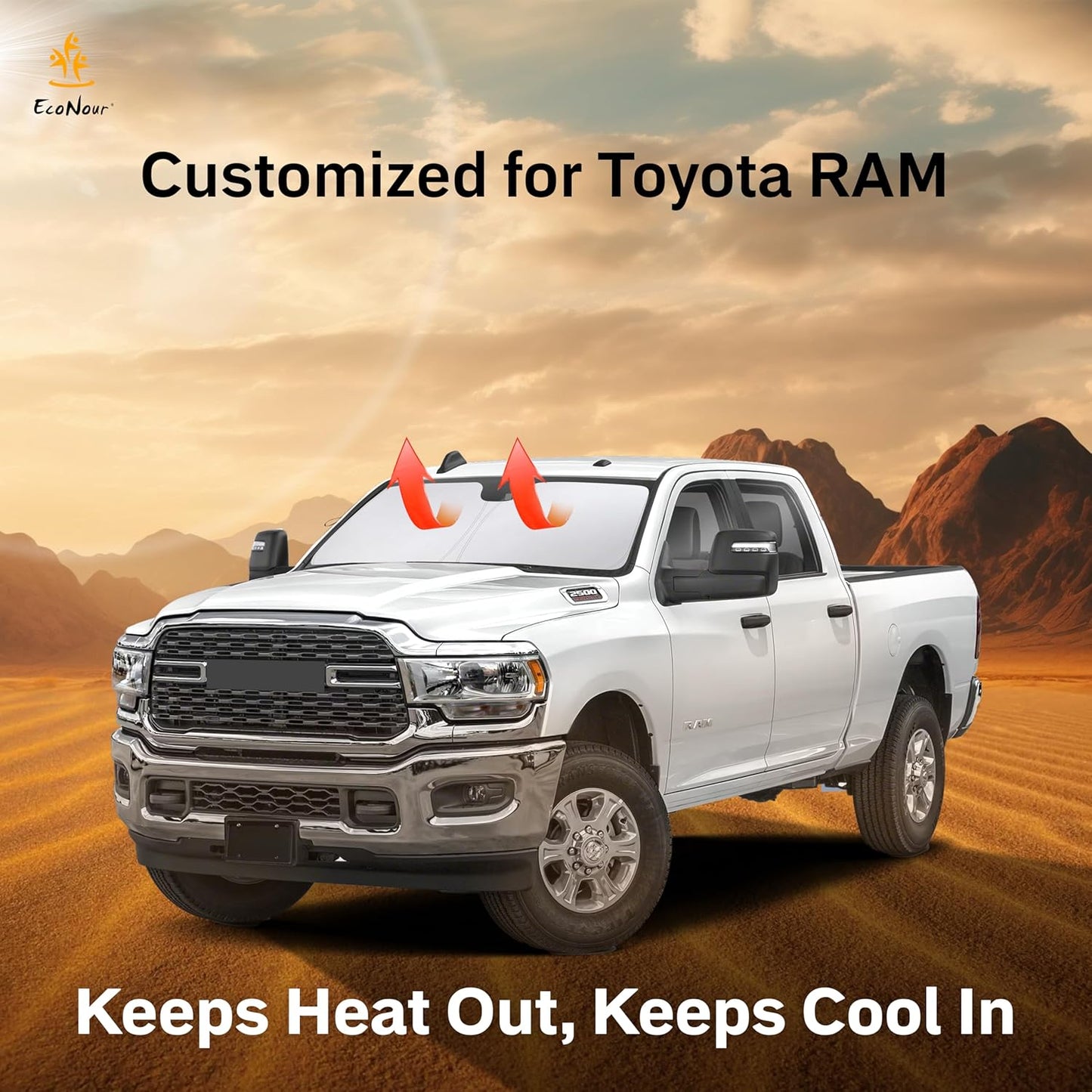 for RAM Pickup Truck Accessories 2019-2024 2025 EcoNour Car Windshield Sunshade - Front Window Sun Protector for UV & Sun Heat - Dodge RAM 1500, 2Dr RegularCab, 4Dr QuadCab, CrewCab, MegaCab