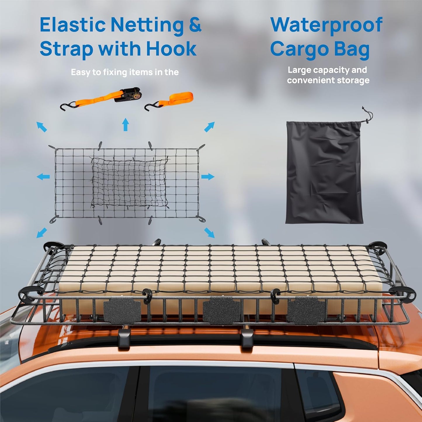 Bonnlo 250lbs Extendable Rooftop Cargo Carrier,84 * 39 * 5.5inch Universal Roof Rack Basket with Rubber Net,Storage Bag,Straps and Footrest,for SUV/Truck/Van