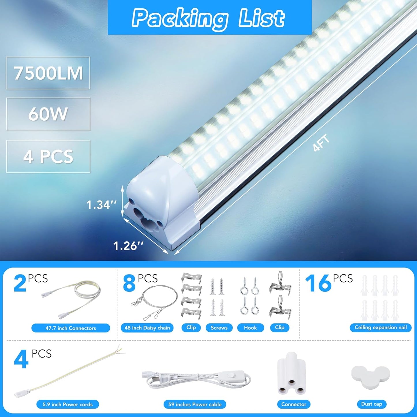 T8 LED Shop Lights 4FT, 4 Pack 60W 9600LM 6000K Daylight White, Linkable Lighting, Plug & Play Energy-Saving, Work Lights Ceiling LED for Garage Warehouse Basement (V4-4)