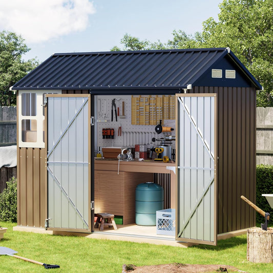 Breezz 6X8FT Outdoor Steel Storage Shed with Clear Window, Lockable Doors, Weather-Resistant Metal Tool Shed for Garden, Backyard, Patio, and Utility Storage.Brown