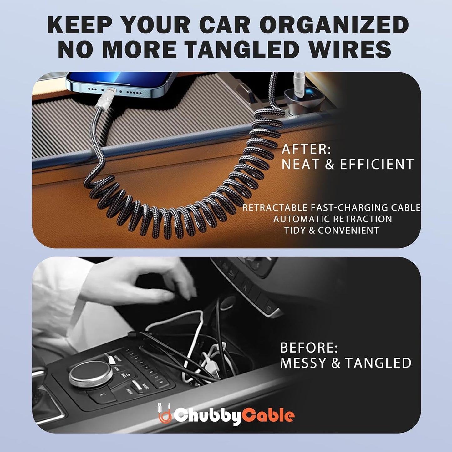 chubbycable Curly Chubby - Retractable Fast Charging Cable 240W Coiled Charger Cord for Car Durable USB-C Cable for Phones, Tablets and More, Purple, Type-C to Type-C, 1.3FT-2.3FT