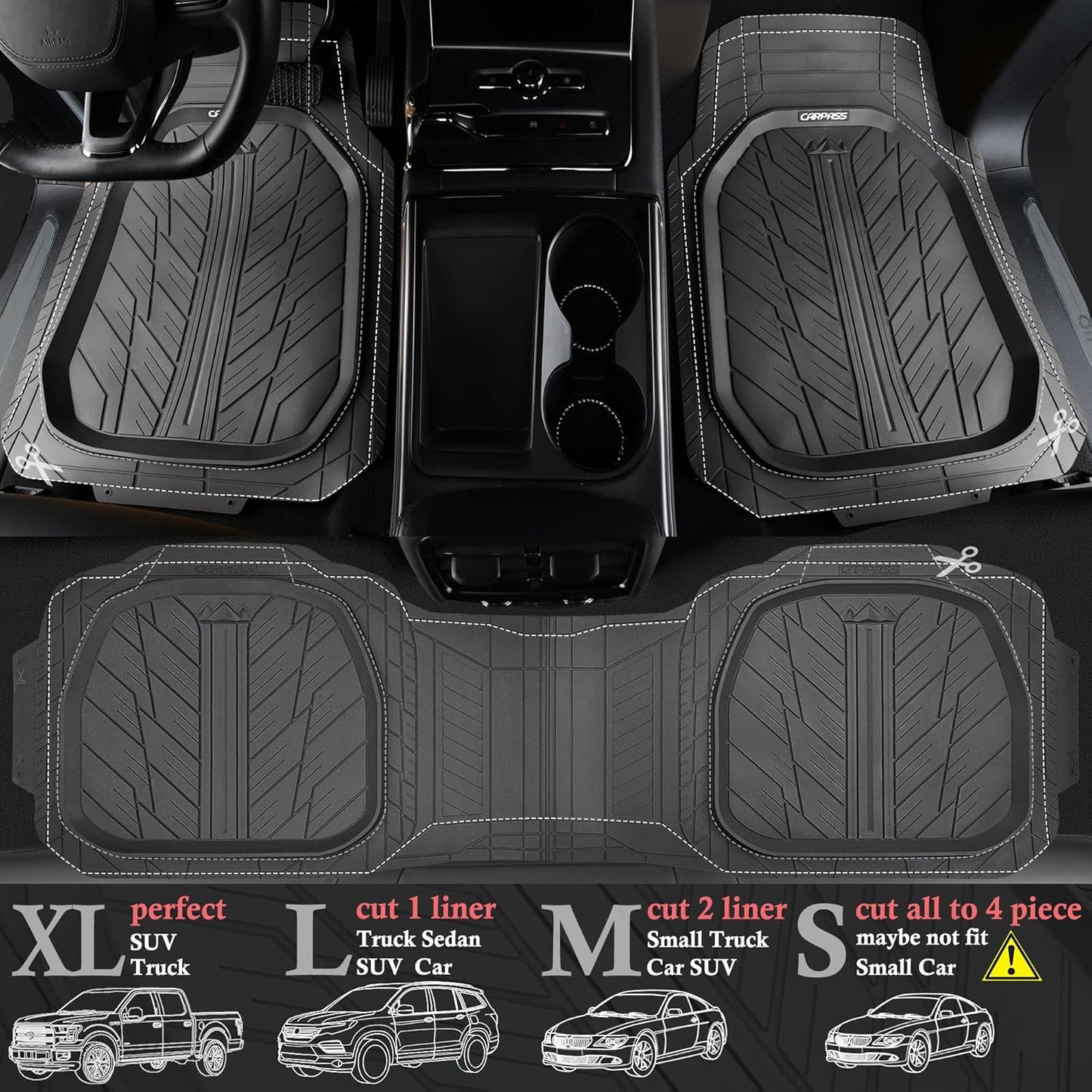 CAR PASS DeepDish Floor Mats for Cars Full Set,Heavy Duty Rubber Car Mats 3-Piece,Universal Waterproof Trim-to Fit Automotive Floor Mats for Truck Van SUV, Durable All-Weather Car Mats(Pure Gray)