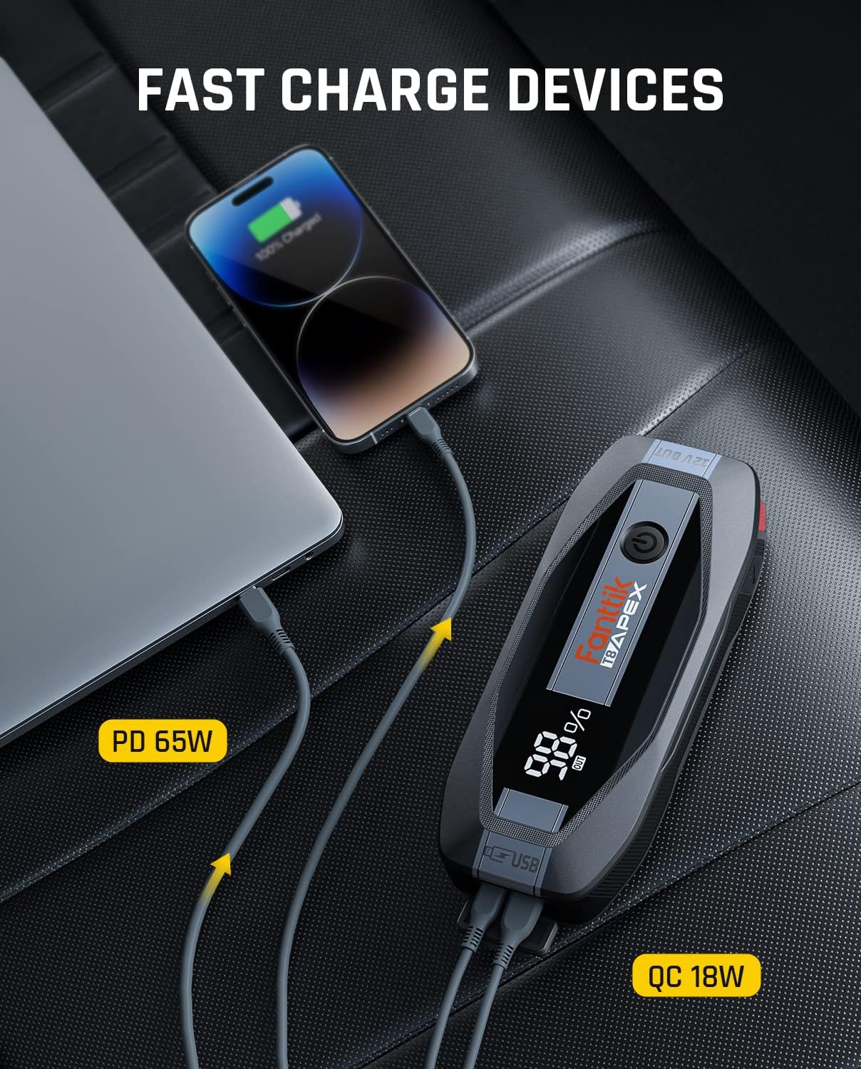 FANTTIK T8 APEX 2000 Amp Jump Starter, 65W Two-Way Fast Charging, for Up to 8.5L Gas and 6L Diesel Engines, Digital Screen, 12V Car Battery Booster Standard Package-Yellow