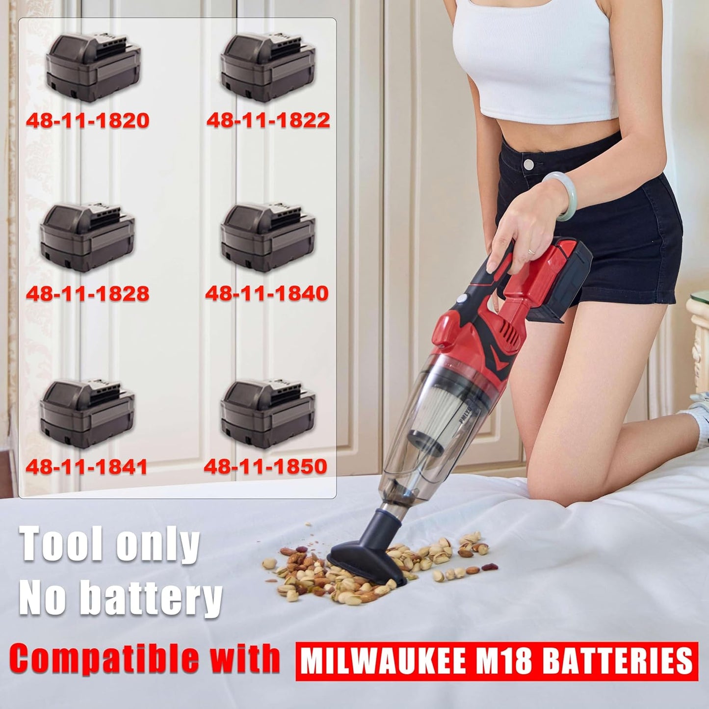 Cordless Vacuum Cleaner for Milwaukee M18 Battery,Wireless Handheld Power Vacuum Cleaner for Home, Boat, Workshop, Car, Pet Hair, Furniture(Tool Only No Battery)