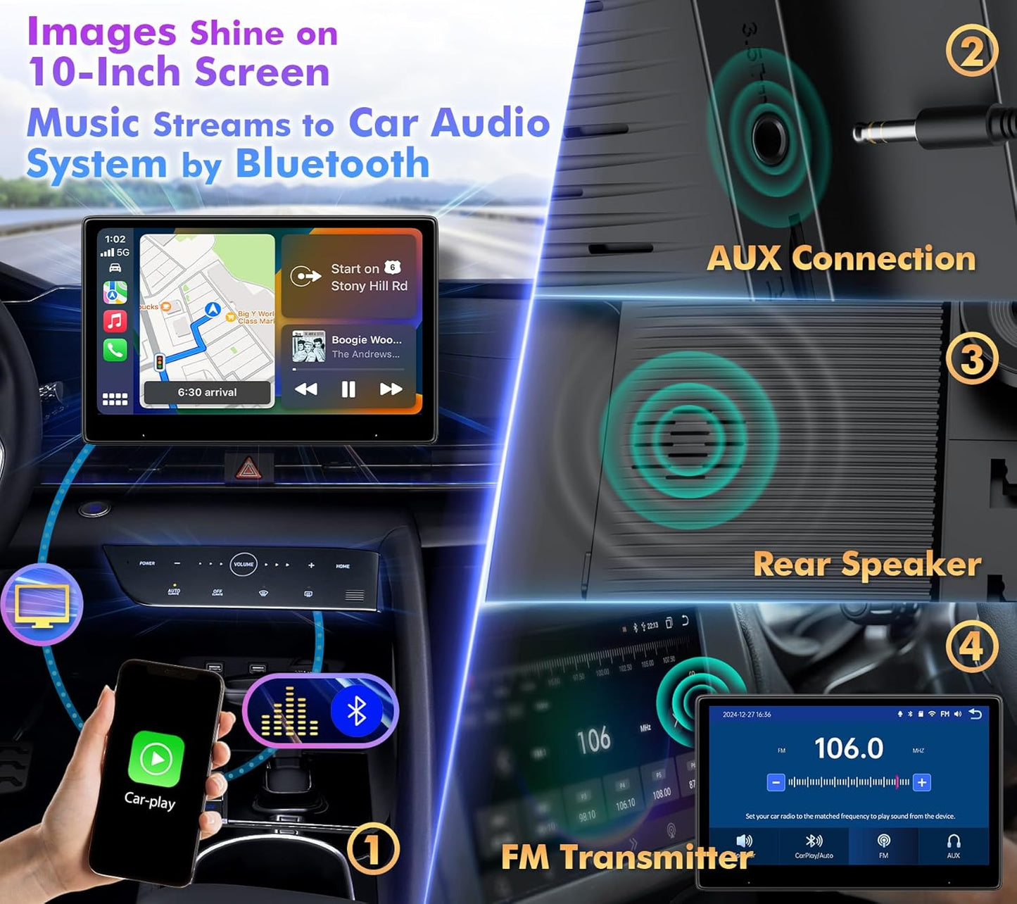 10" Touch Screen for Car, Used for Wireless Apple Carplay Android Auto MirrorLink, Portable Car Stereo with Bluetooth 2K Front Dashcam, 1080P Rear Dashcam Backup Camera