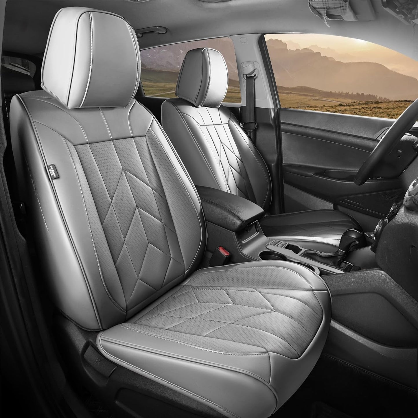 Grey Car Seat Covers Full Set - Waterproof Leather Car Seat Protector Universal Fit Forester Legacy Impreza Tucson Elantra Santa Fe Kona