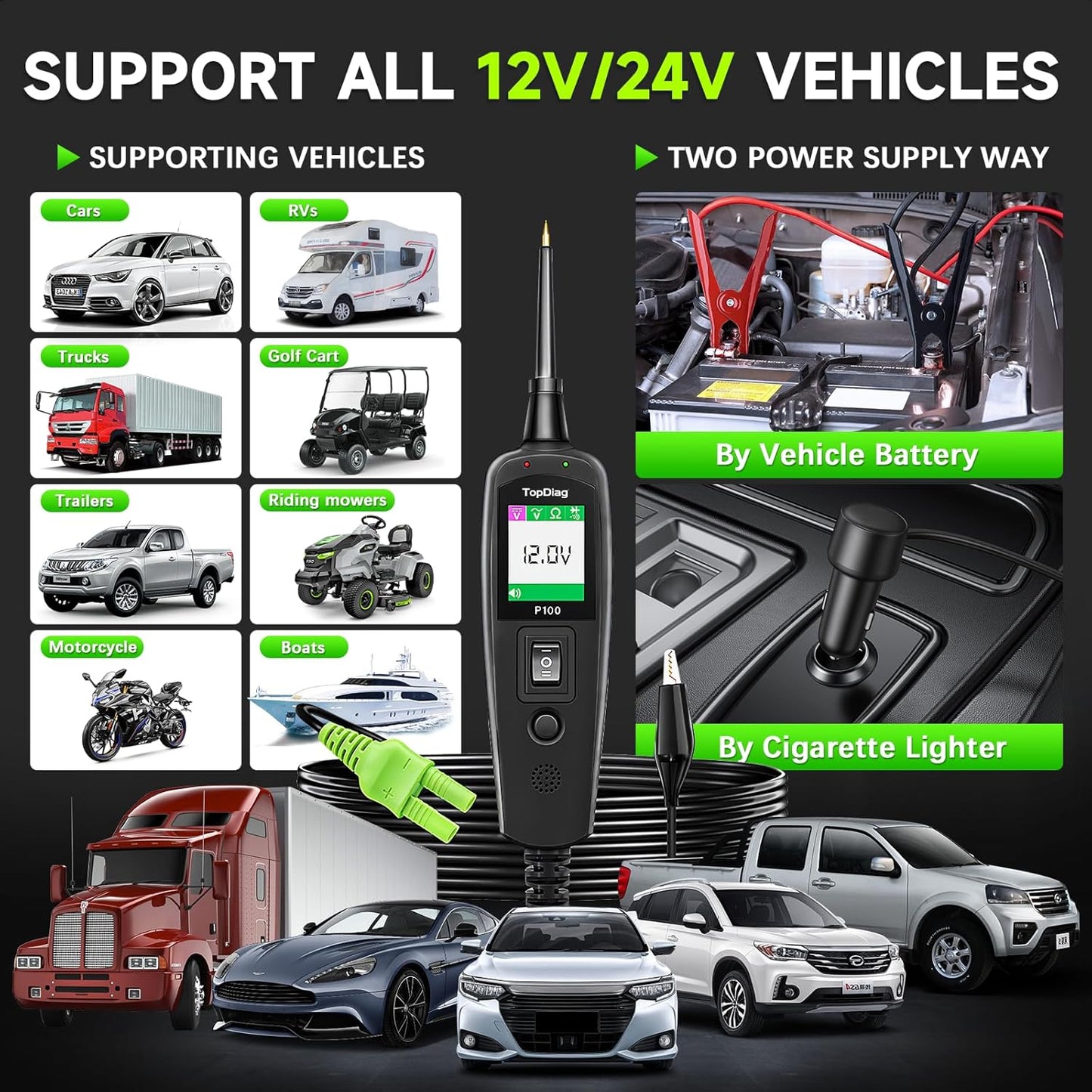 Circuit Tester Automotive, Power Circuit Probe Tester, Test Light Automotive with 40FT Cable, Car Fuse Tester, AC DC 12V 24V Car Diagnostic Tool, P100