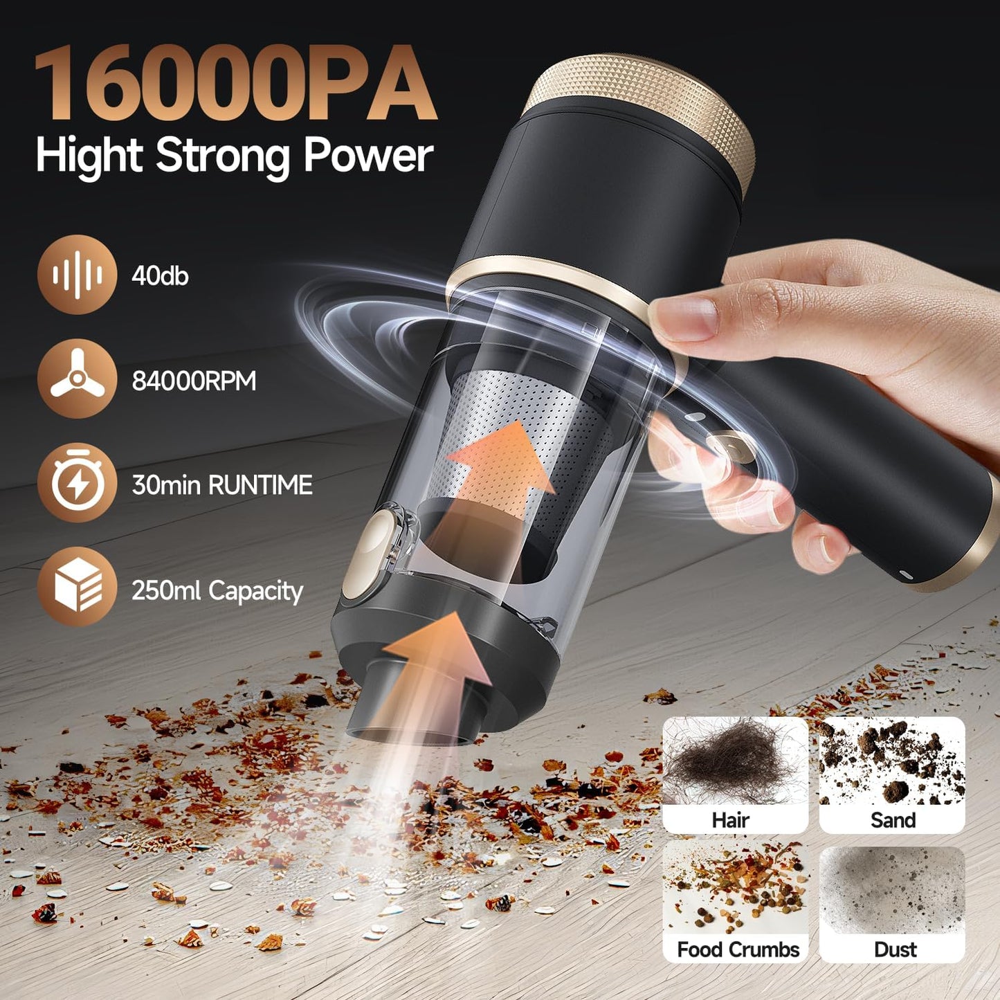 Car Vacuum Portable Cordless, Hand Vacuum with 16000PA High Power, 7 in 1 Mini Car Vacuum Cleaner with One-Click Empty, Dual Hepa Filter, LED Light, Type-C Charging Small Handheld Vac