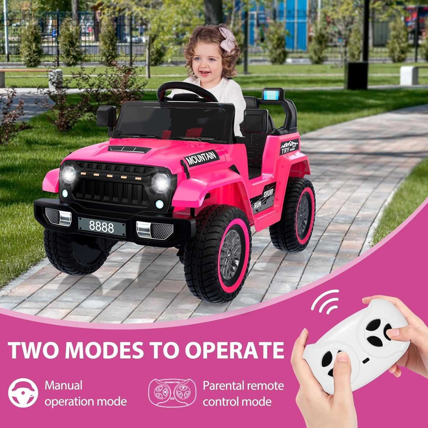 12V Kids Ride On Truck Car, Battery Powered Electric Vehicles with Remote Control, Spring Suspensions, 3 Speeds, LED Lights, Music, MP3, Ride On Toy Car for Children Toddles Boys Girls, Pink