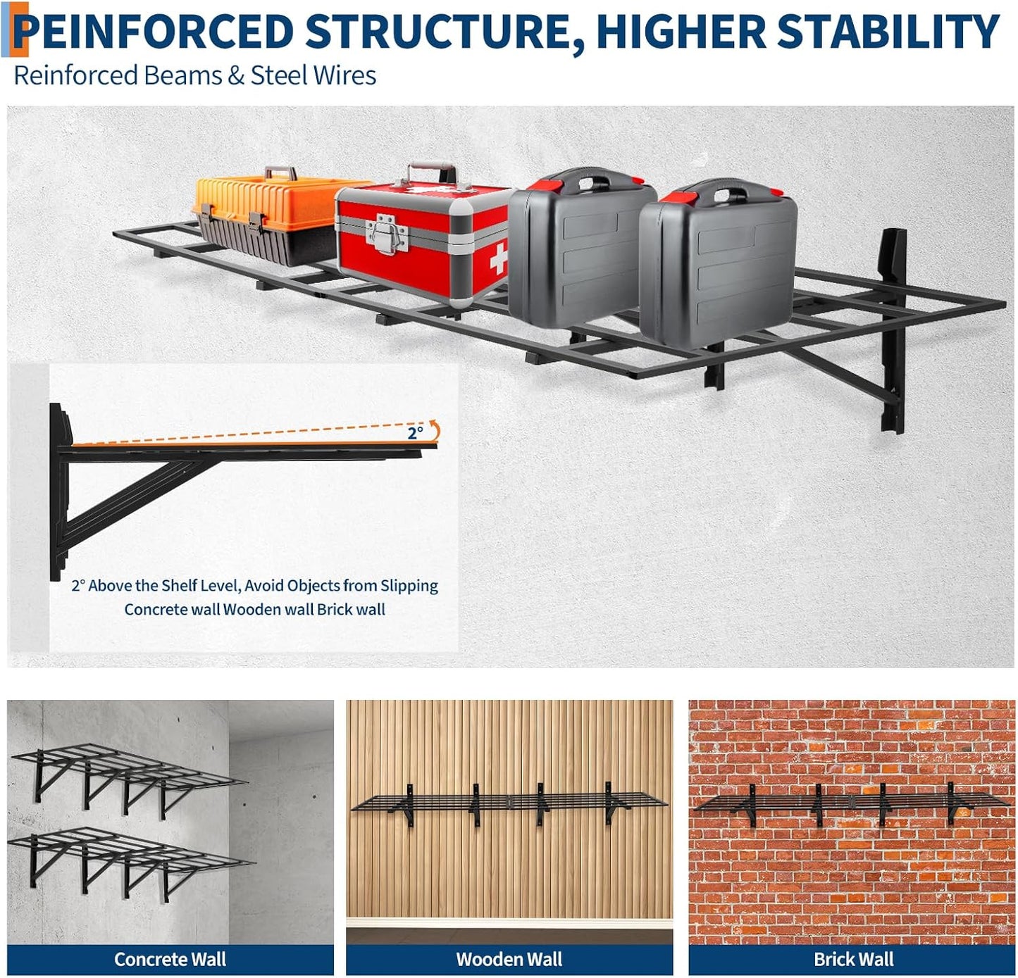 Garage Storage Shelving Wall Mounted, 2 Pack 2x6Ft, Loads 1600 Lbs Heavy Duty Sturdy Shelves, Folding Strong Garage Organiser, Storage Racks Units, Black Metal Floating Adjustable Wall System Shelf