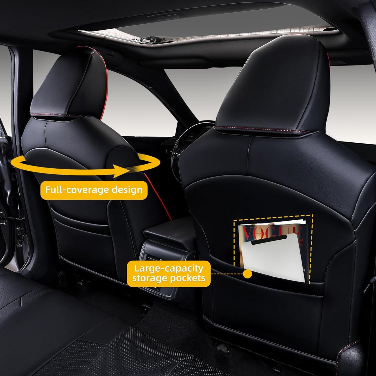 Custom Fit Camry Seat Covers for Toyota Camry Hybrid LE, Hybrid SE 2018-2024 Full Coverage Waterproof Breathable Leather Car Seat Covers Full Set (Black with Red Trim)