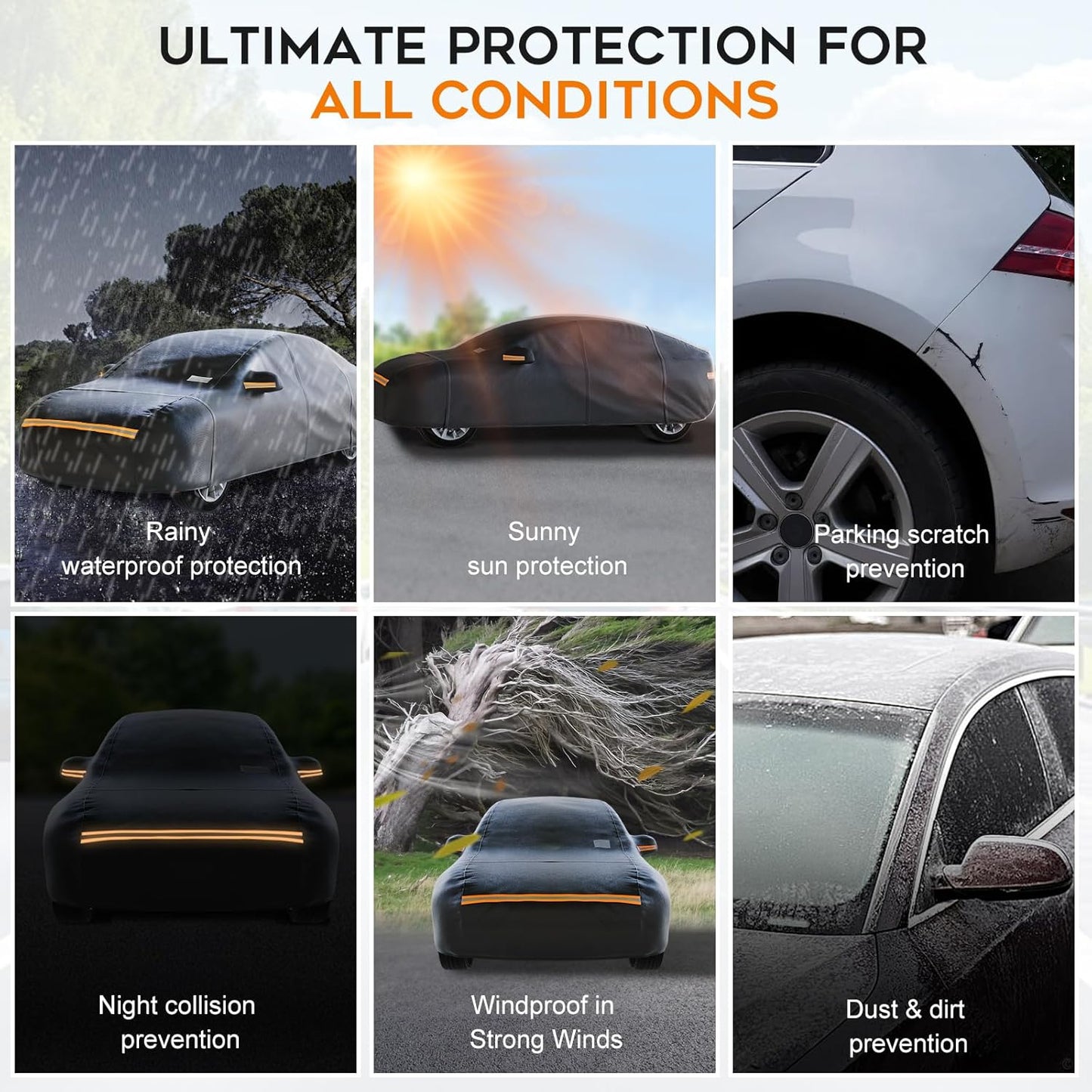 Hatchback Car Cover Waterproof All Weather for Automobiles，Outdoor Heavy Duty Full Exterior Covers with Zipper Door, Rain Sun Snow Dust UV Protection, Windproof Straps & Reflective Strips(Up to 177")
