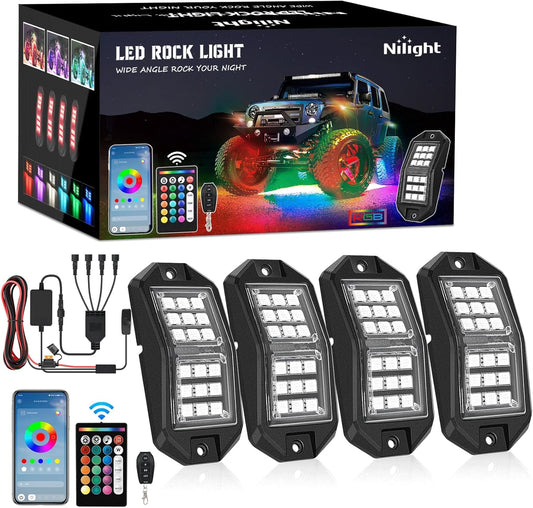 Nilight RGB LED Rock Lights Kit 4 PCS 18LED Wide Angle Wheel Well Light with Remote & Bluetooth App Dual Control Multi Modes Underglow Multicolor Neon Pod for ATV UTV SUV Offroad Truck RZR Boat