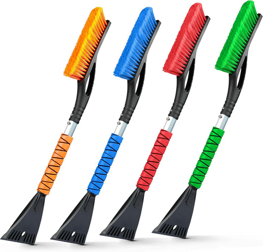 EcoNour 27" Aluminum Car Snow Scraper and Brush (Orange, Red, Green & Blue) | Weaved Bristle Head with Metal Body Ice Scraper for Car Windshield | Ice Scraper with Foam Grip Winter Accessory | 4 Pack