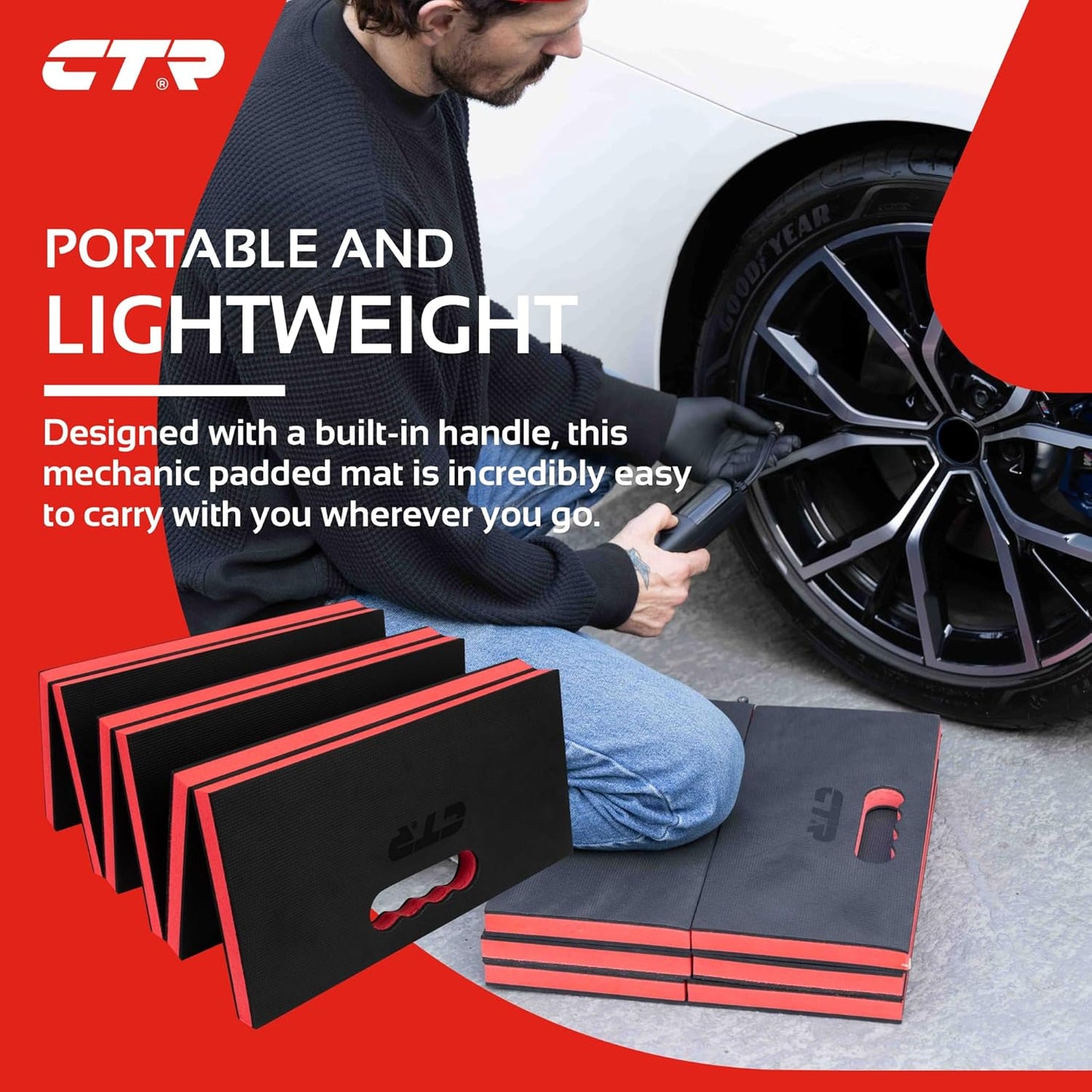 CTR Mechanic Mat Kneeling Pad Folding Mat for Working Under Car, Thick EVA Mat with Handle - Waterproof Floor Mat for Mechanics, Garage, Gardening, Gym, Camping, Creeper, Knees Protection for DIY