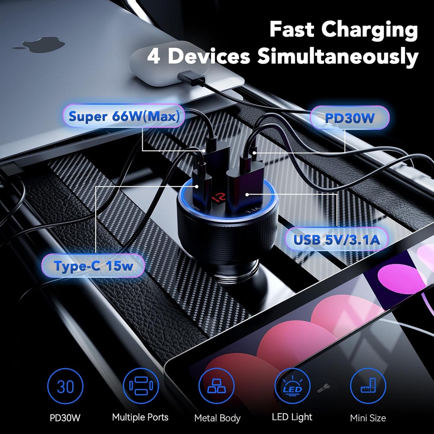 USB C Car Charger Fast Charging USB C Cable, 78W 4 Port iPhone 16 15 Car Charger Adapter with Voltmeter Cigarette Lighter USB Charger for iPhone 16 Pro Max/15 Plus/14/13/12, Samsung Galaxy, iPad