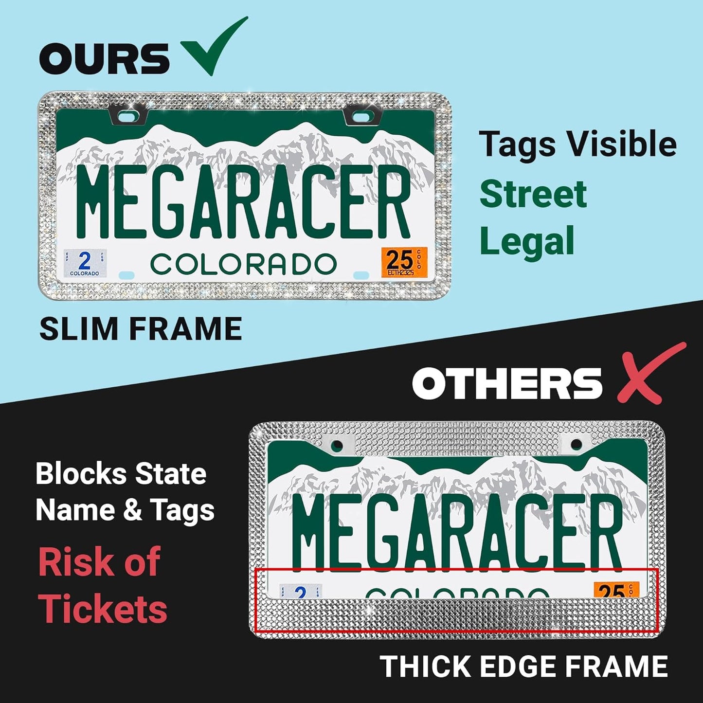 Dazzling Bling License Plate Frames for Women - 2 Pack, 1600 Premium Rhinestones, Rust-Free Stainless Steel, Street Legal Slim Design, Sparkly Diamond Car Tag Holders with Glitter Crystal Screw Covers