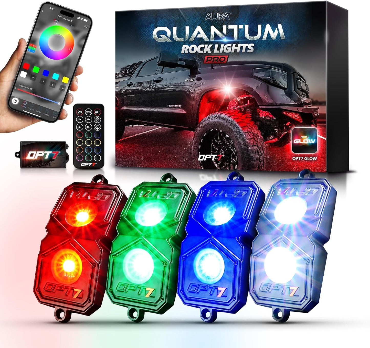 OPT7 Quantum Pro RGBW LED Rock Lights with Bluetooth APP and Remote Control, 4 Pods Wide Angle Multicolor Neon Underglow Lighting Kit with Extension Wire, IP68 Waterproof for Offroad Truck ATV UTV SUV