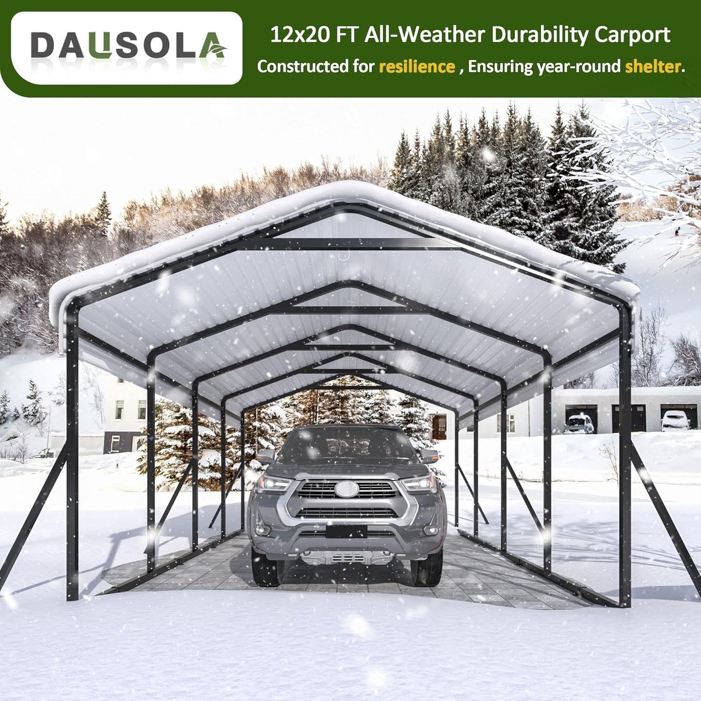 Carport 12x20 FT Heavy Duty Carports Canopy with Updated Frame Structure Galvanized Steel Roof and Enhanced Base, Metal Carport Garage for Pickup, Boat, Car and Tractors