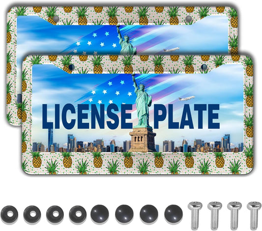 Car License Plate Frame Black Yellow License Plate Frames Yellow Pineapple Aluminum Metal Car Accessory 2 Pack with Screw Covers Set
