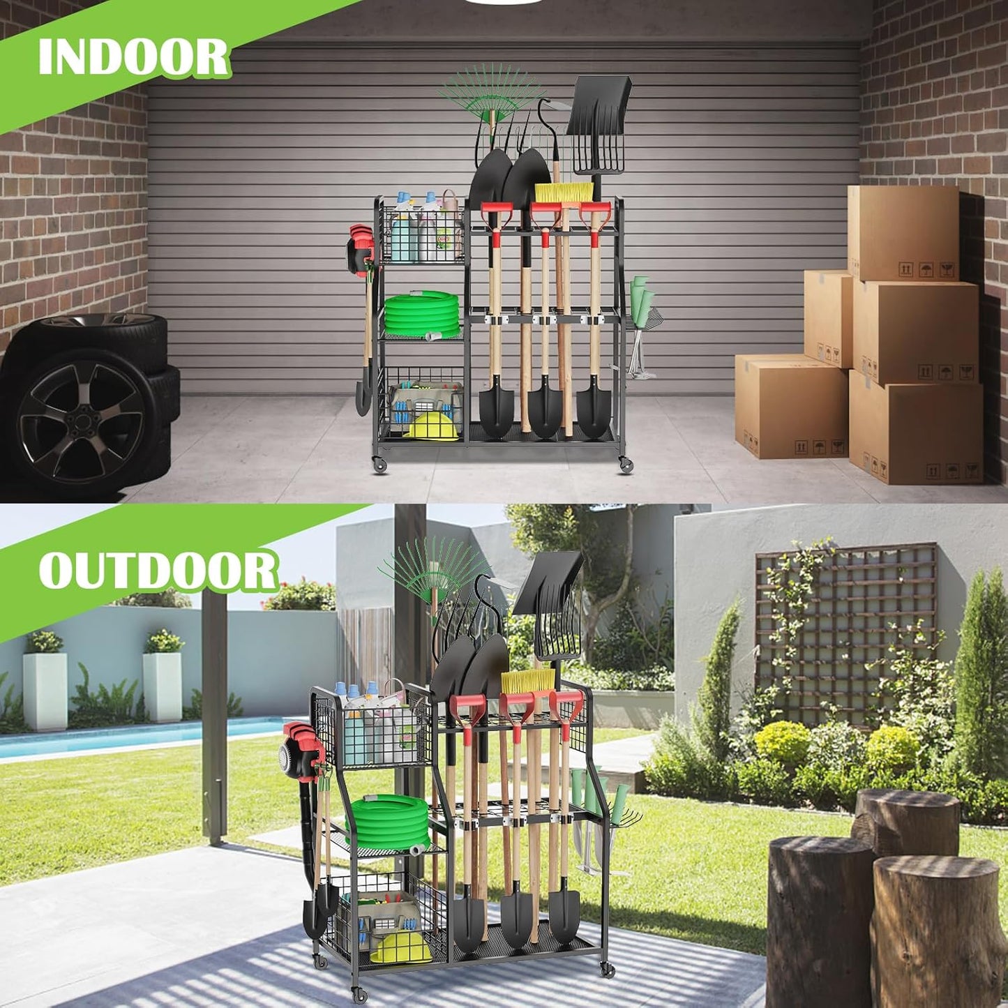 Garden Tool Organizer for Garage, 3 Tier Utility Yard Tool Organizer and Storage Holder with Wheels, Large Garden Tool Rack with Extra Storage Basket for Shed/Garage/Yard/Basement/Lawn