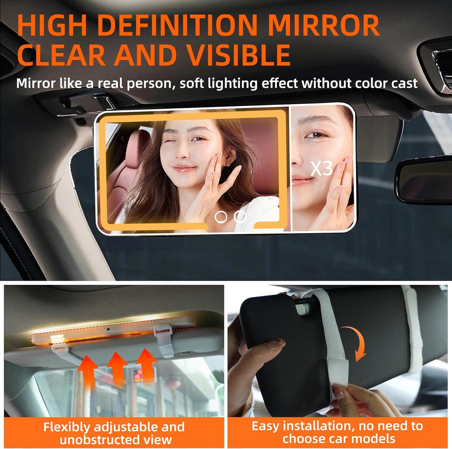 car mirror vanity Rechargeable Led, 3 Light Modes,Dimmable Touch Screen,Side with triple magnification mirror image (1)