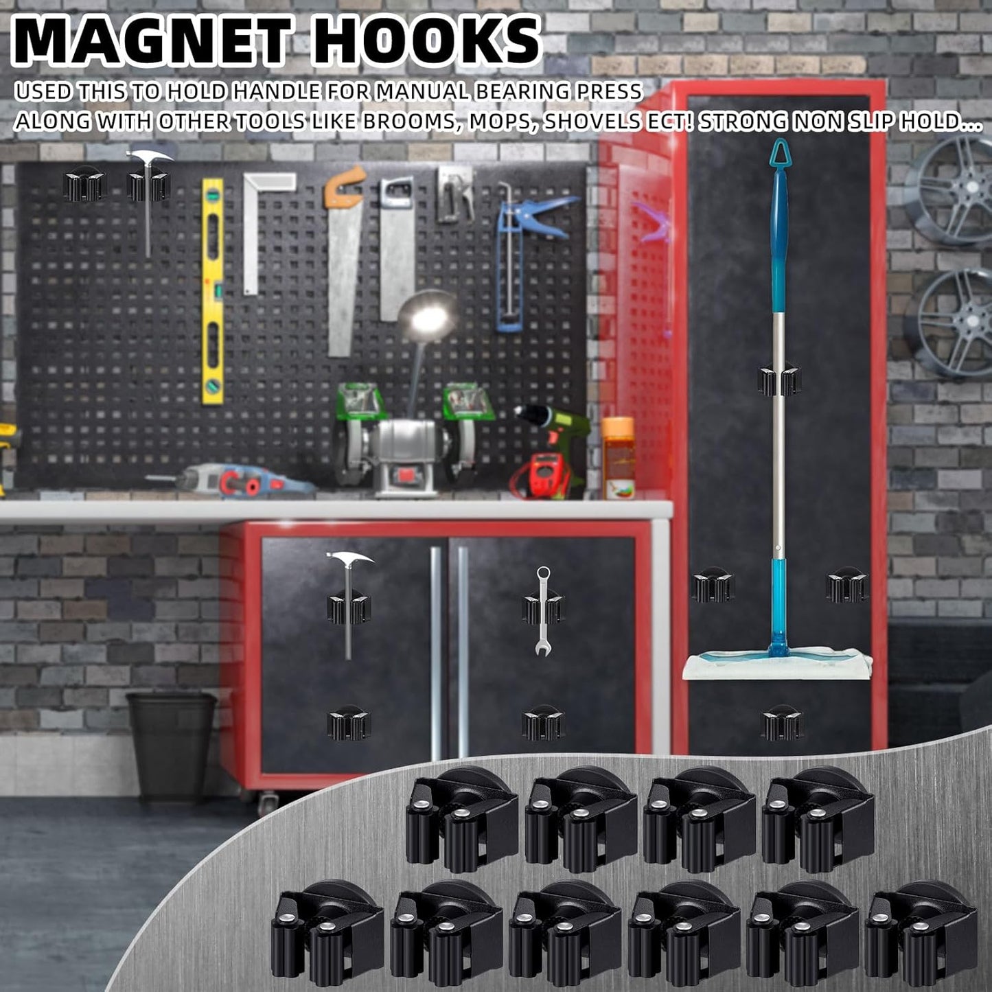 10 Pcs Magnetic Mop Broom Holder Movable Magnetic Broom Holder Rack, Anti Slip Wall Mounted Utility for Cleaning Tools, Garage, Kitchen, Laundry, Garden (Black)