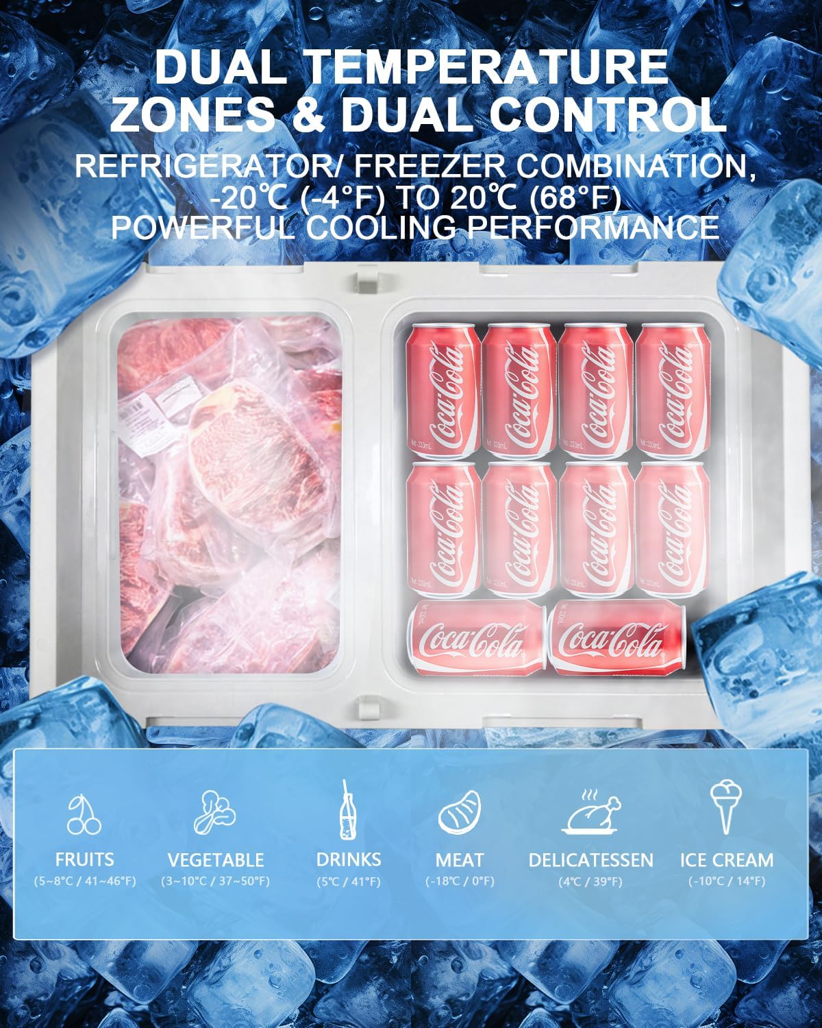 ELECAENTA 12 Volt Refrigerator, 43qt Dual Zone Car Fridge, Portable Freezer -4℉~68℉, Support DC/AC/Solar (Detachable Battery Optional), Electric Cooler for Camping Travel Fishing Road Trips