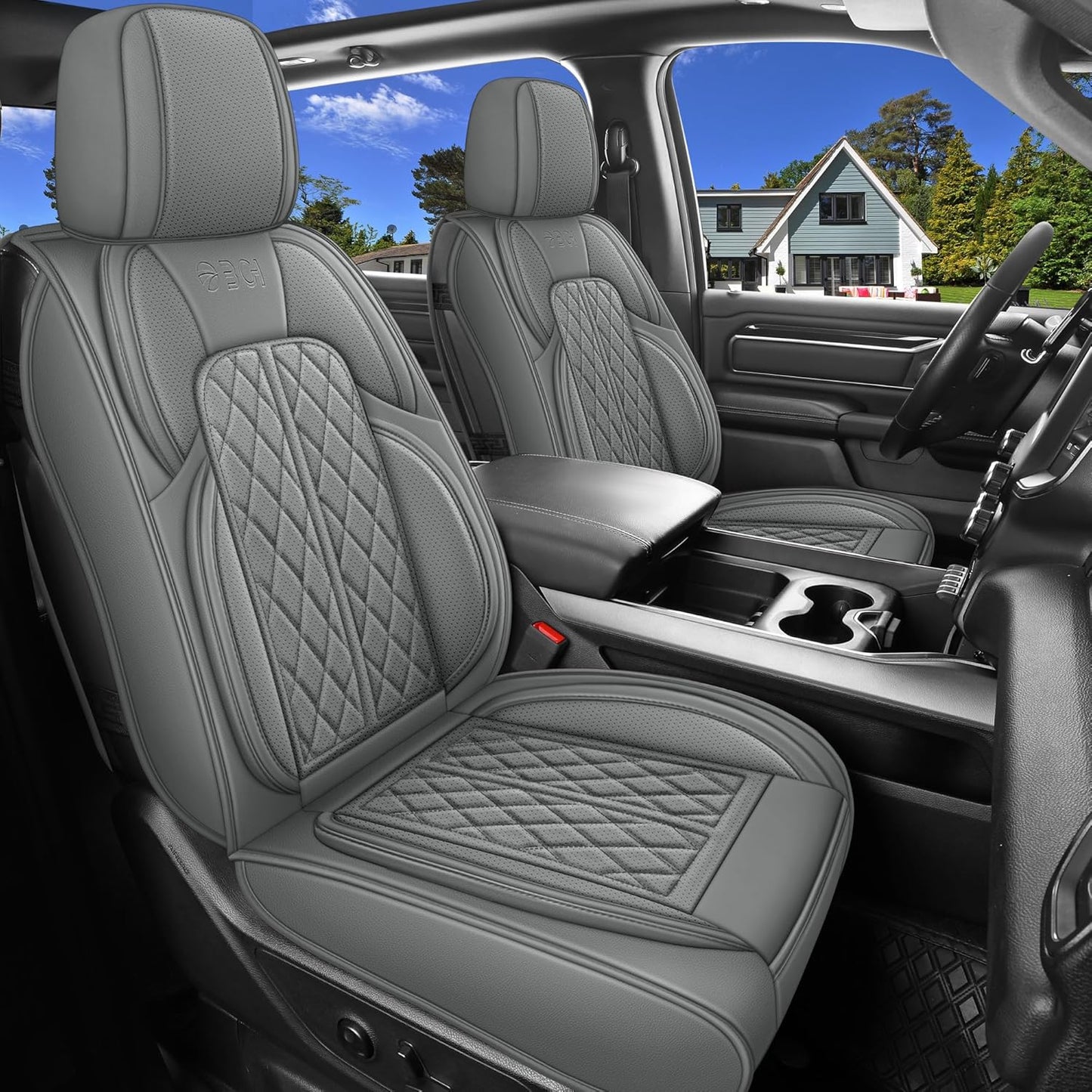 Car Seat Cover Custom Fit for Dodge Ram 1500 2500 3500 2002-2024 Faux Leather Seat Cover Set Compatible with Crew Quad Regular Cab Pickup Truck Cushions (Black Redline, Full Set, Curved Rear)