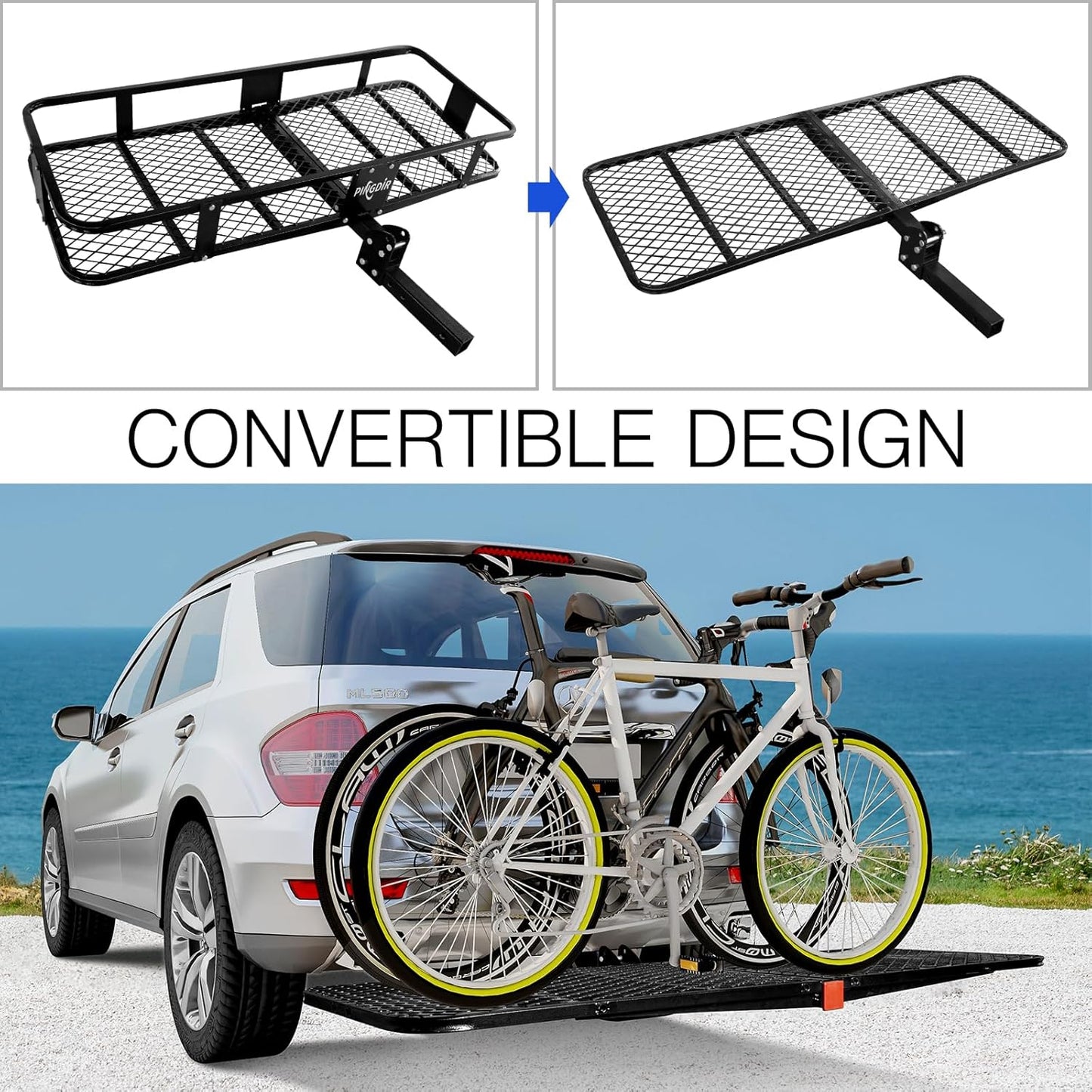 Folding Hitch Mount Cargo Carrier Hitch Rack Basket 60"*21.5"*6" Hauling Weight Capacity of 500 Lbs, Waterproof Cargo Bag 58" 19" 24", with Hitch Stabilizer,Cargo Net and Ratchet Straps