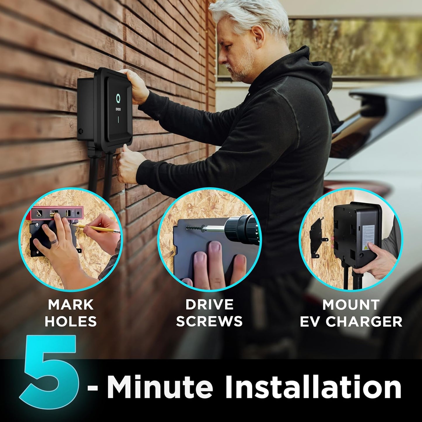 EVIQO EV Charger Level 2-48 Amp Level 2 EV Charger Hardwired, 240V Electric Vehicle Charging Stations, J1772 Chargers 11.5kW, Wall EV Chargers for Home, EVSE EV Charging Station 25' Cord