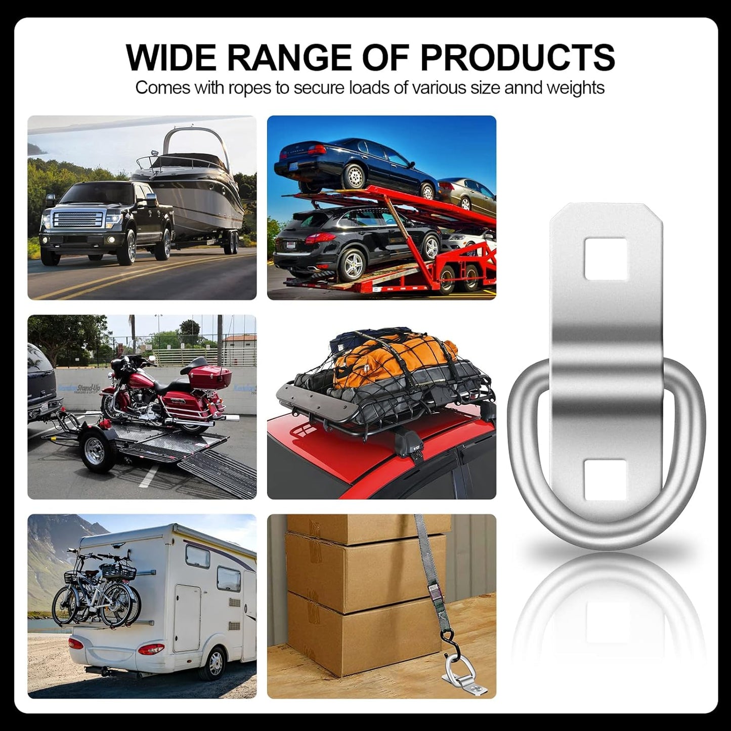 D-Rings, Truck Tie Downs Anchor 3/8" Heavy Duty 6000 Pound Steel Tie-Down Ring for Loads on Trucks, Trailers, Boats, RV Campers, Vans;for Kayaks, Motorcycles, Deliveries, ATVs （Pack of 6）