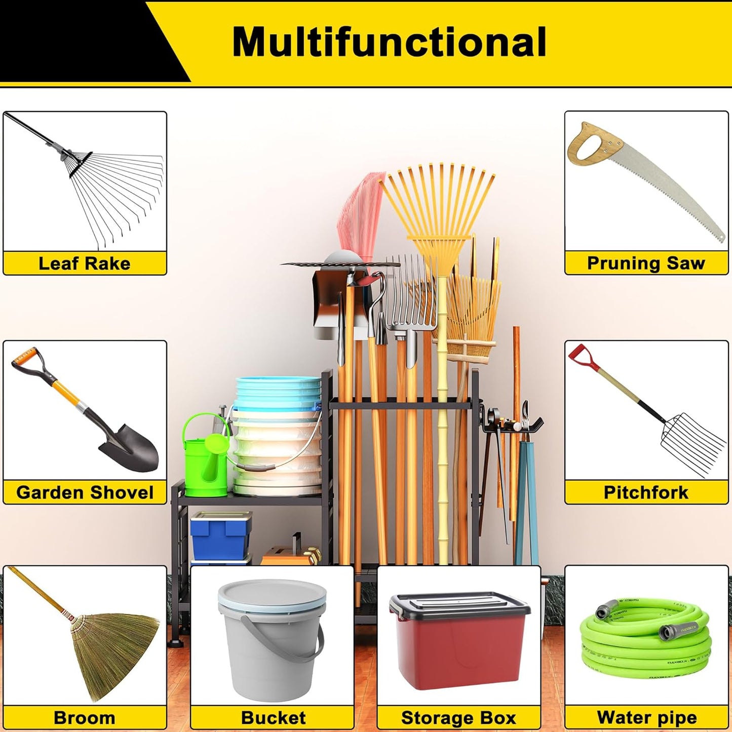 GIOTORENT 5 Tier Garden Tool Organizer, Metal Yard Tools Storage Rack, Garage Storage and Organization, Heavy Duty Garden Tool Organizer for Garage, Yard, Patio, Shed, Indoors and Outdoors, Black