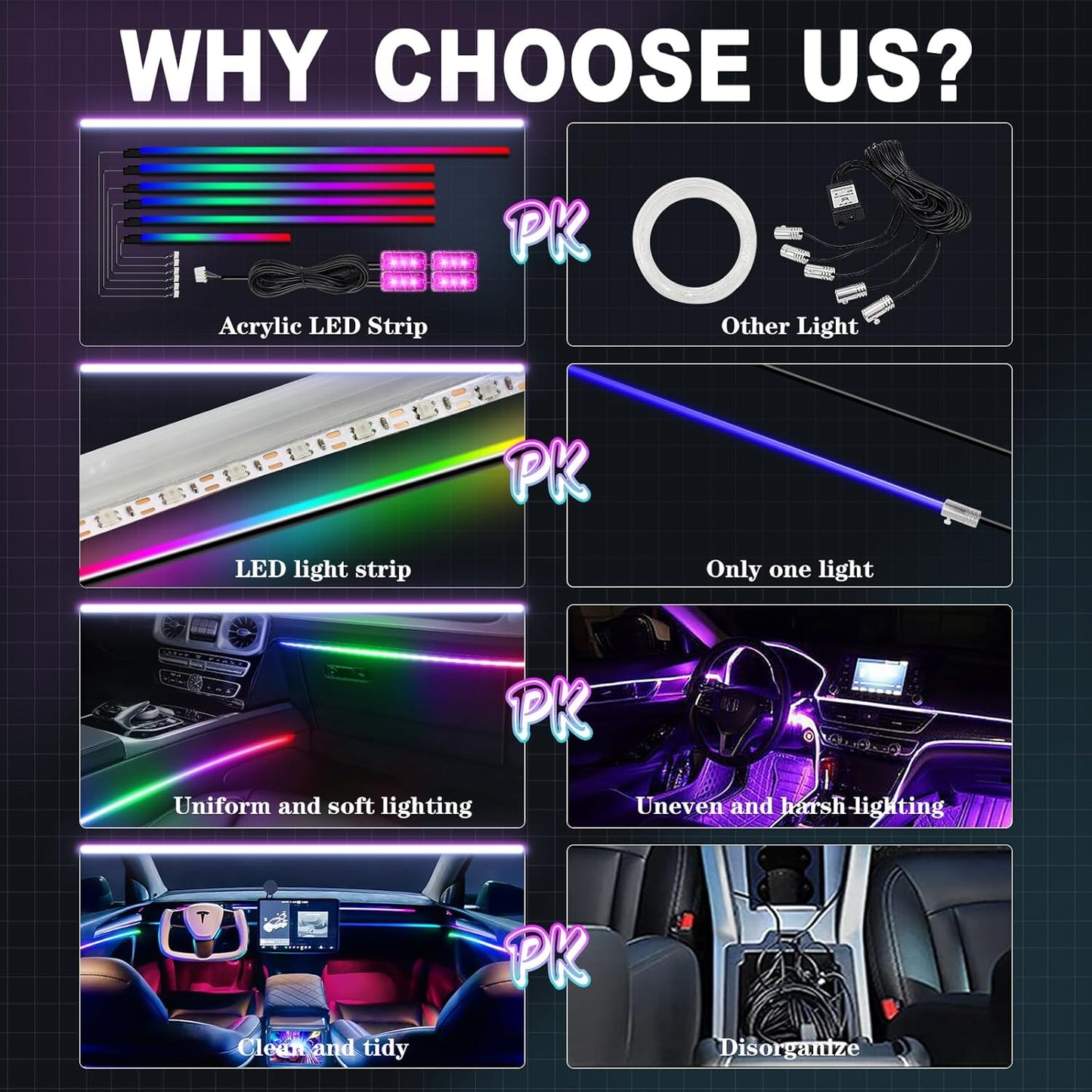 WEBUPAR Dreamcolor Acrylic Interior Car Lights, 10 in 1 LED Strip Lights With APP Control, 213 Modes, 175 Inches 593 LEDs Fiber Optic RGB Neon Lighting