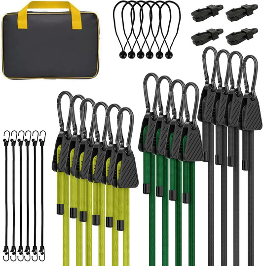 Bungee Cords with Hooks, Upgrade 30pcs Assortment Heavy Duty Outdoor with 24'' 32'' 48'' Adjustable Bungee Cords, 10'' J Hooks Cord, 6" Canopy Tarp Ball Ties and Tarp Clips Drawstring Organizer Bag