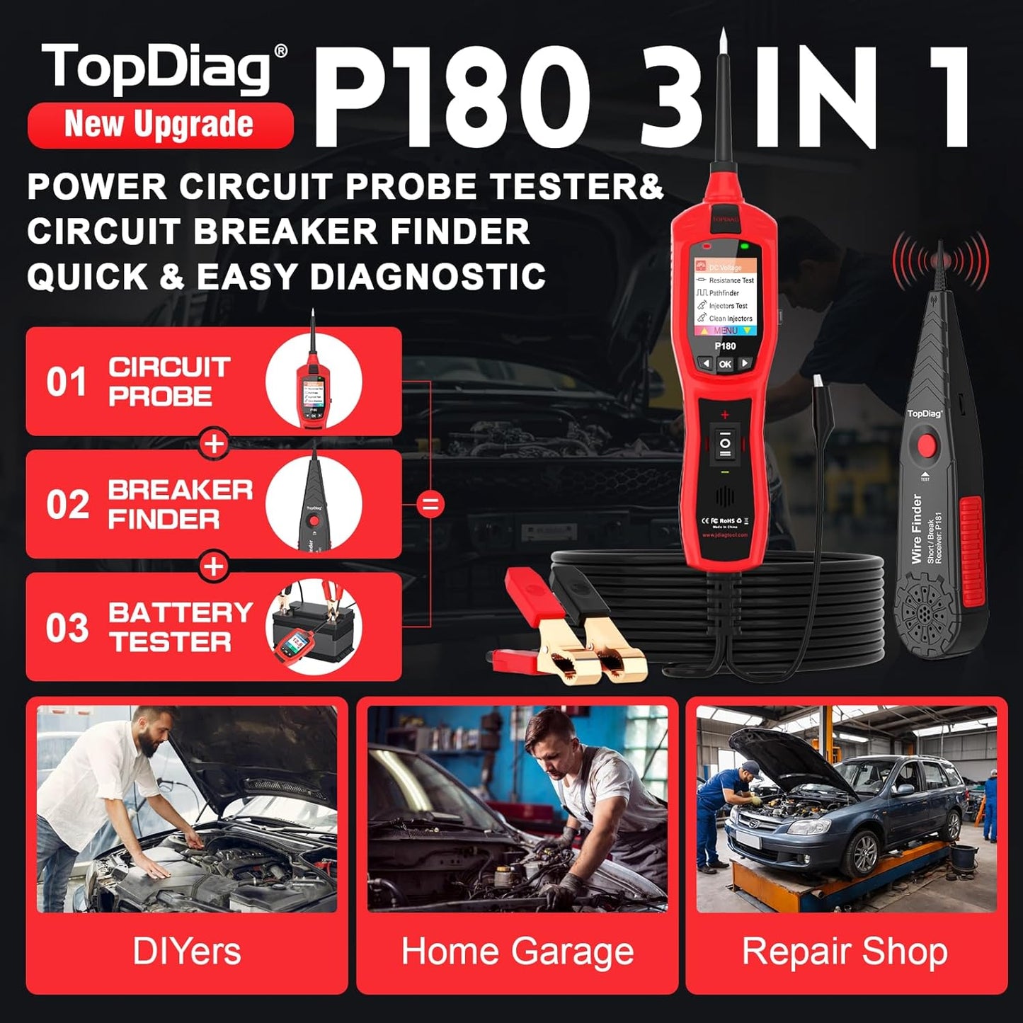 Circuit Breaker Finder Tool, Battery Tester, AC DC Voltage Tester, Fuel Injector Tester, 9V-30V Automotive Circuit Tester with 40FT Cable, P180