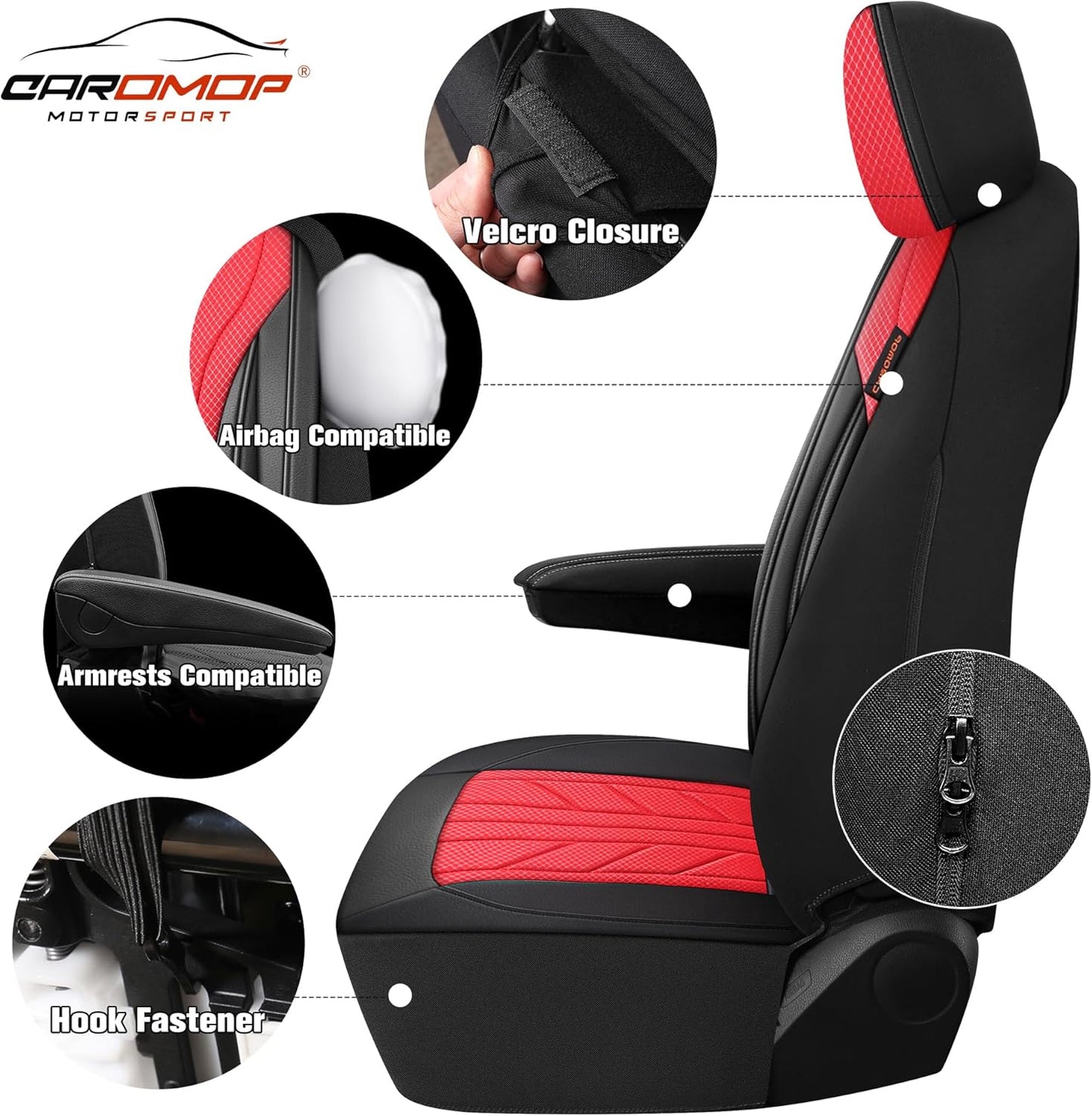 CAROMOP Luxury Faux Leather&Fabric Car Seat Covers Full Set with Breathable 3D Foam Back Support,Universal Comfortable Seat Covers for Cars,Trucks,SUVs, Front Armrests Compatible(5-Seat Black/Red)