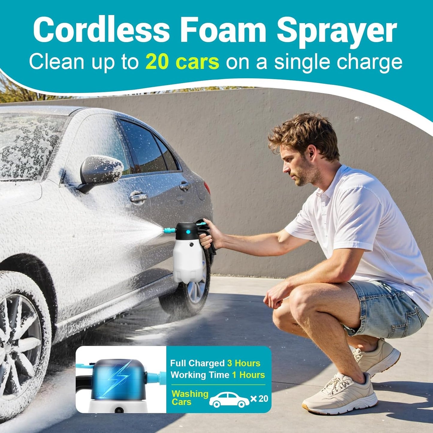 Electric Foam Sprayer Car Wash, 60PSI Foam Sprayer Auto Pressurized with 2 Nozzles(Foam/Water Stream), Built-in 7.4V Pump, 2x2000mAh Battery, for Car Wash, Window Cleaning, Garden&Home Use-68oz/2L