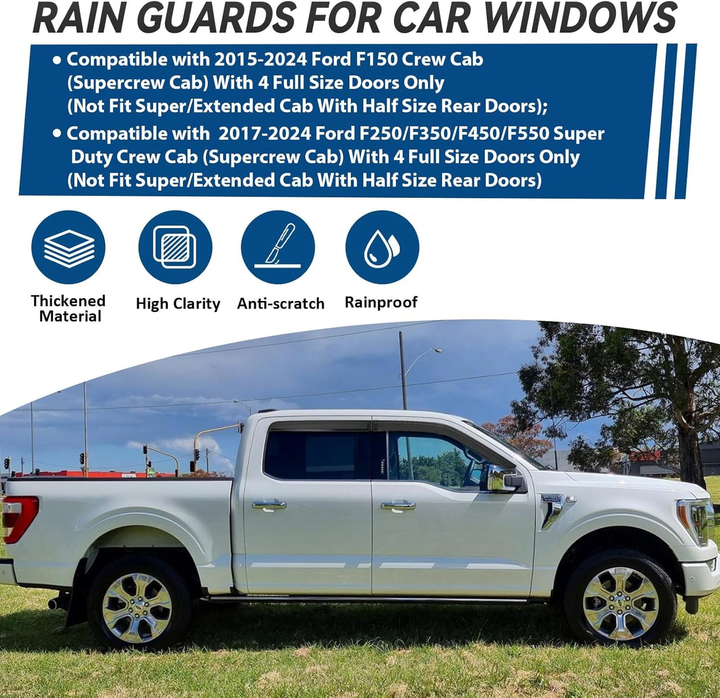 4pcs Front+Rear Smoke Tint Sun/Rain Guard Outside Mount Tape-On Vent Window Visors Compatible with 15-24 F150 17-24 F250/F350/F450/F550 Super Duty Crew (Supercrew) Cab with 4 Full Size Doors