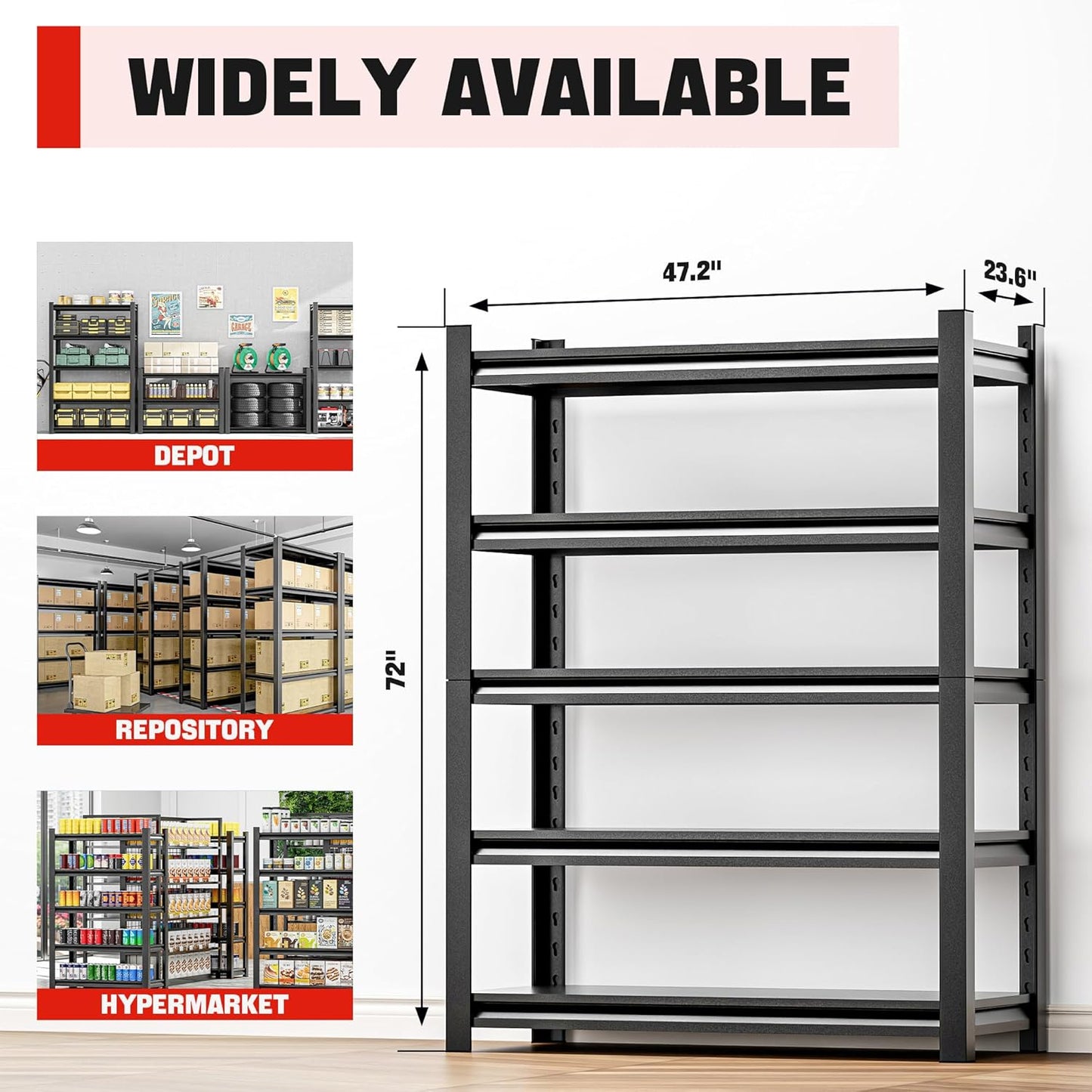 Heavy Duty Shelving – Metal 5 Shelf Storage Unit for Garage Storage, Shelf Organizer for Tools, Equipment, and Household Items, Sturdy Storage Shelves for Any Space 24" D x48 W x72 H（3 pcs）