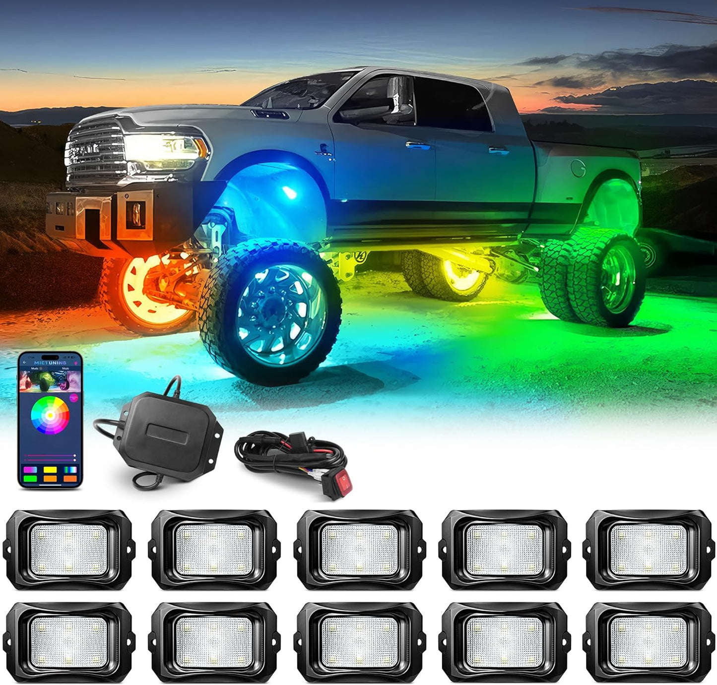 MICTUNING C2 MAX RGB+IC Chasing Color Rock Lights - 10 Pods Underglow Lighting Kit, Dynamic Lighting Modes, Extensible Up to 24 Pods with Stable APP Control, IP68 Waterproof, DIY Effect
