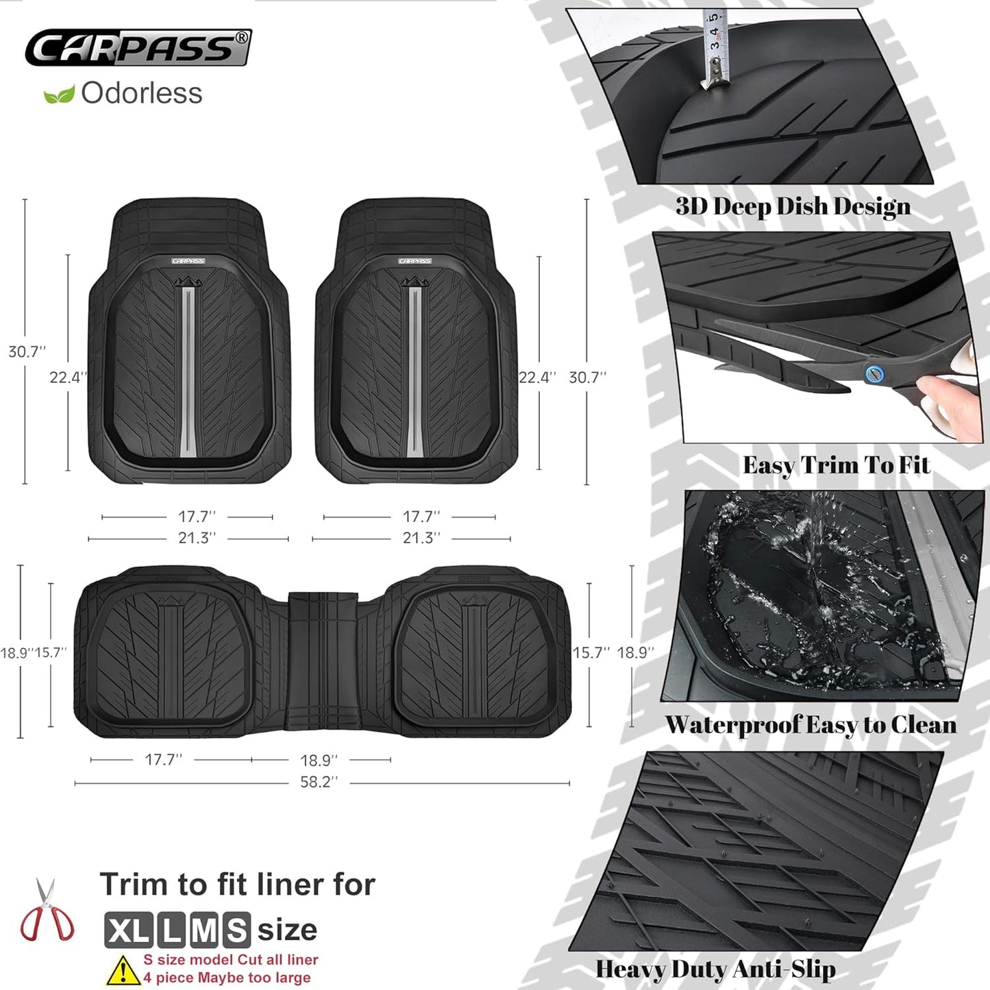 CAR PASS Tire Tread DeepDish Rubber Floor Mats for car Heavy Duty car mats All Weather, Universal XL~M Trim to Fit for Truck SUV Vehicle Automotive, Waterproof car mats 3 Piece(Gray Black)