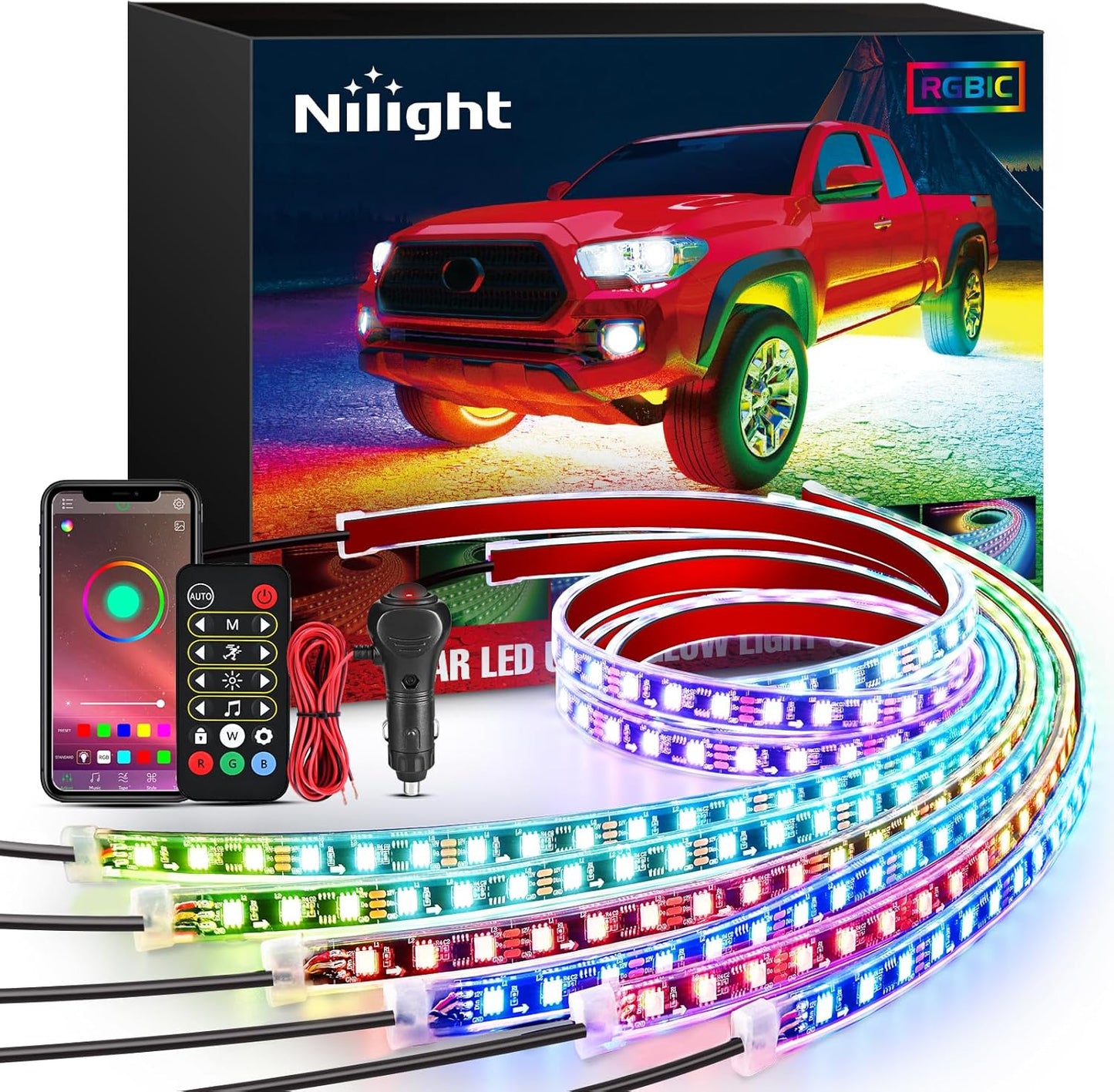 Nilight 6Pcs Car Underglow Neon Accent Strip Lights 300 LEDs Multi Color RGB-IC DIY Sound Active Function Music Mode with APP Control and Remote Control Underbody Light Strip